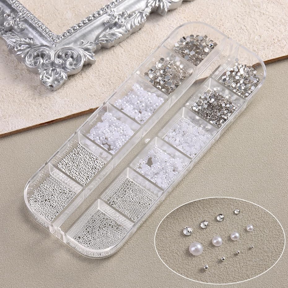 Pearl 3D Nail Charms Rhinestone Silver Beads Multi Design 2Boxes,White Semicircle Pearls Jewelry Silvery Steel Ball Mixed Sizes Nails Decoration,Flatback Diamond Gems Women DIY Nail Ornament