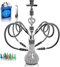 Hookah full set with 4 pipes 22" Big Shisha set for up to 4 persons all inclusive ceramic bowl | Premium pipes | beautiful glass vase (Black NL3)