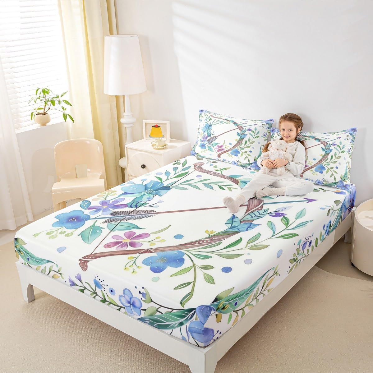 Erosebridal Archery Sports Fitted Sheet Full Size, Athletics Sport Games Bed Sheets for Kids Boys, Flowers Leaves Microfiber Bed Cover for Bedroom, Arrow Botanical Bedding Sheets & Pillowcases