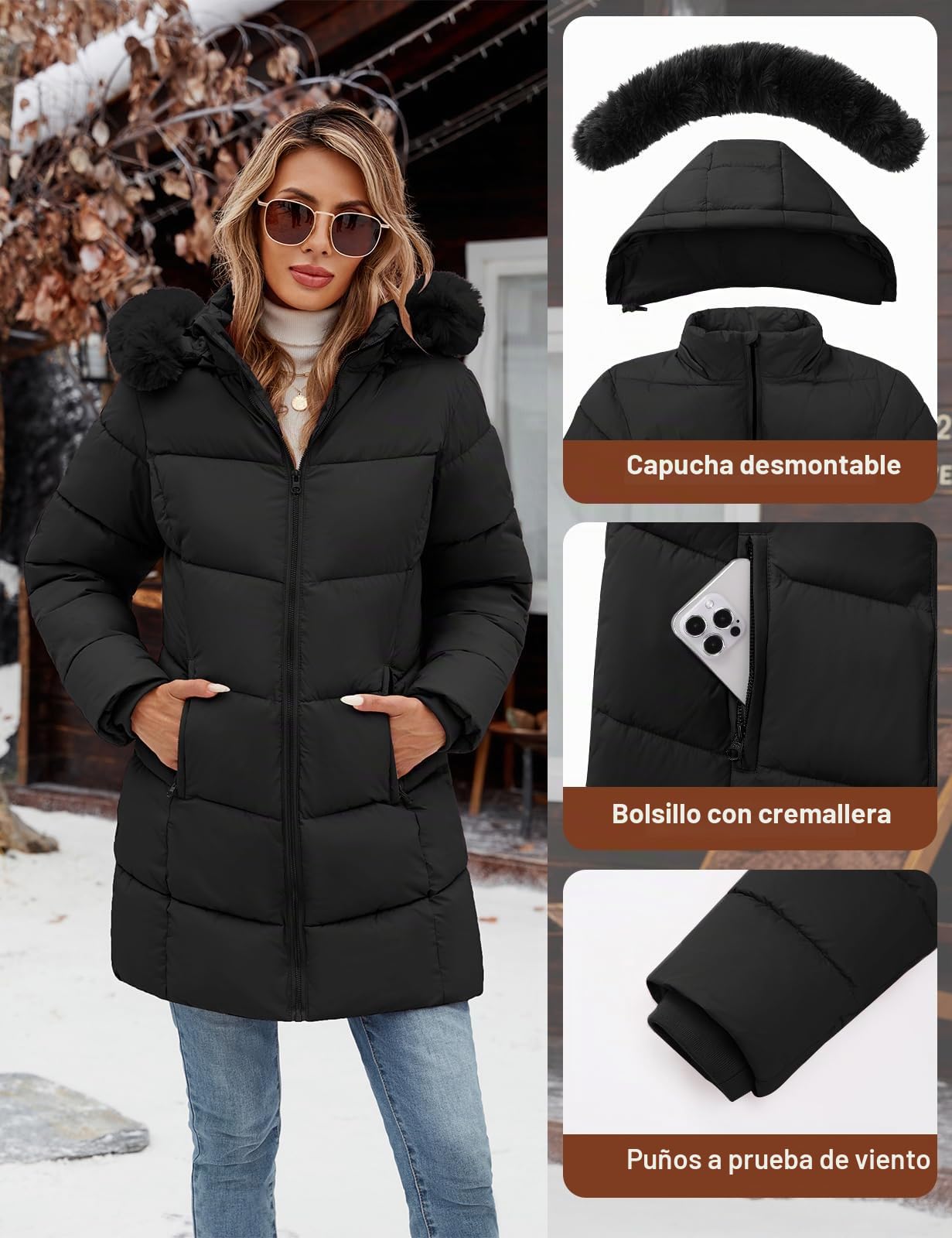 Vancavoo Parka Mujer Invierno Cálida Acolchada Larga Abrigo con Capucha