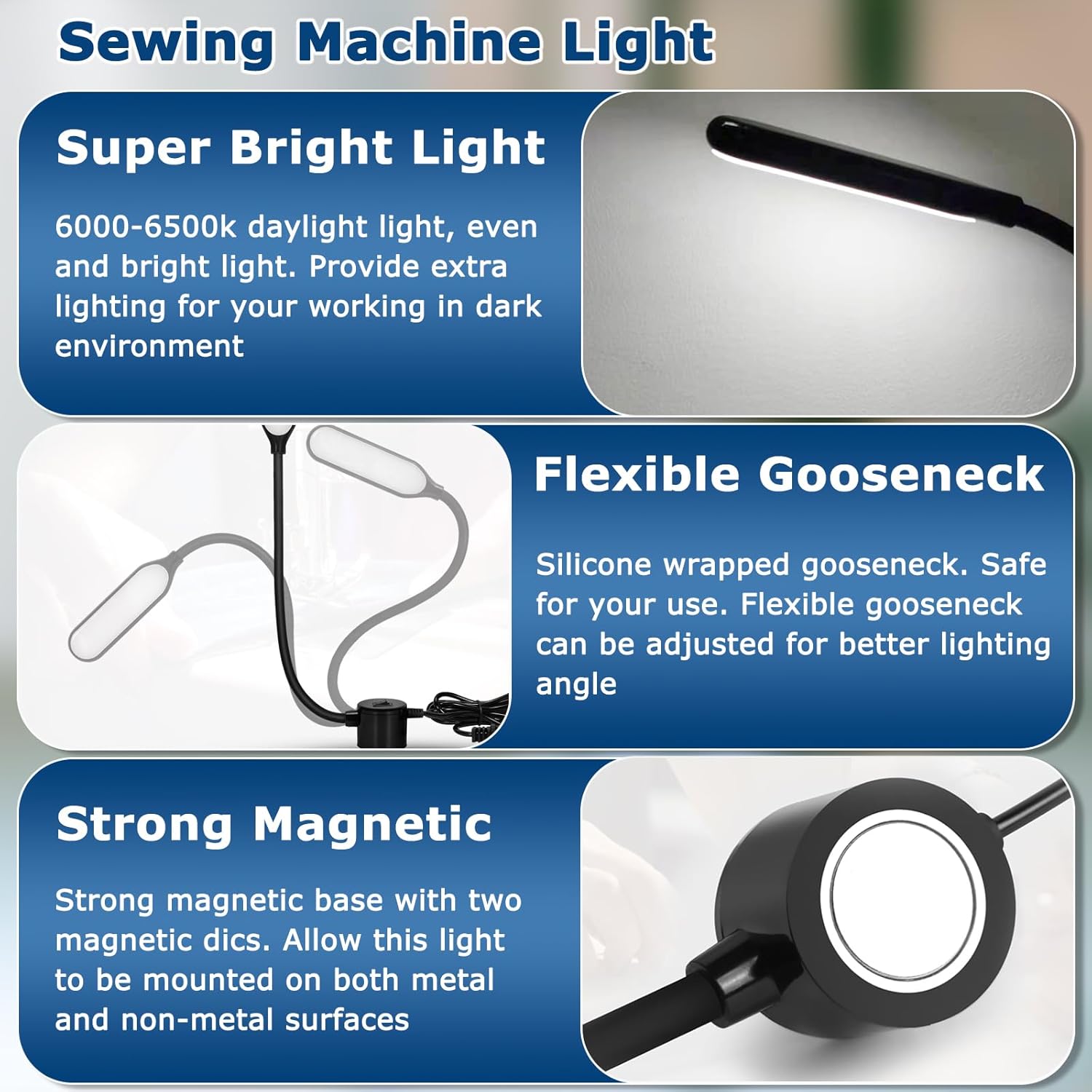 HengBo Sewing Machine Light, 30 Led Flexible Gooseneck Work Light with Magnetic Mounting Base, 6000K Daylight Workbench Lamp for Lathes, Drill Presses, 3D Printer - Black