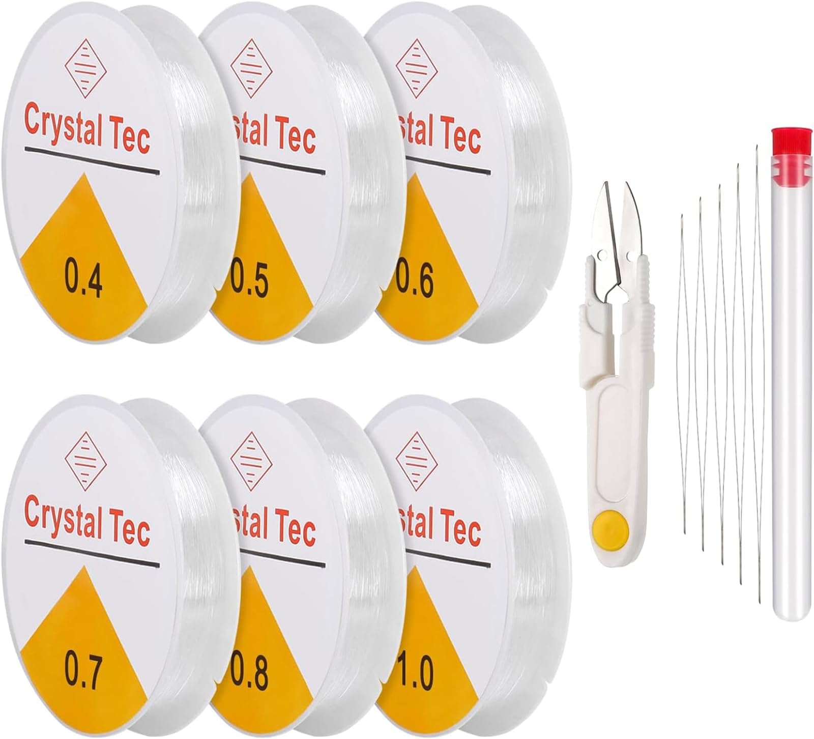 Transparent Stretchy String, 6 Rolls Elastic Bracelet String, Clear Crystal String Beading Bead Cord with 5 Bead Needles and Cutter,0.4-1m Elastic String and Beading Needles Set for Bracelets Making
