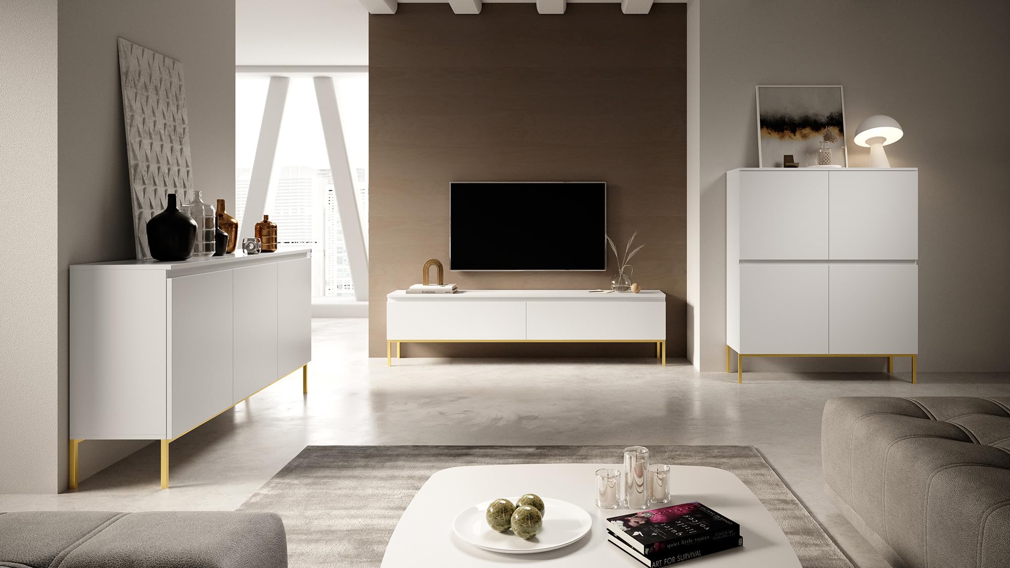 Selsey Mobile TV Mobile Porta TV 2 Ante 150 cm Con Piedini Dorati Per Soggiorno Camera Da Letto Bianco Bemmi