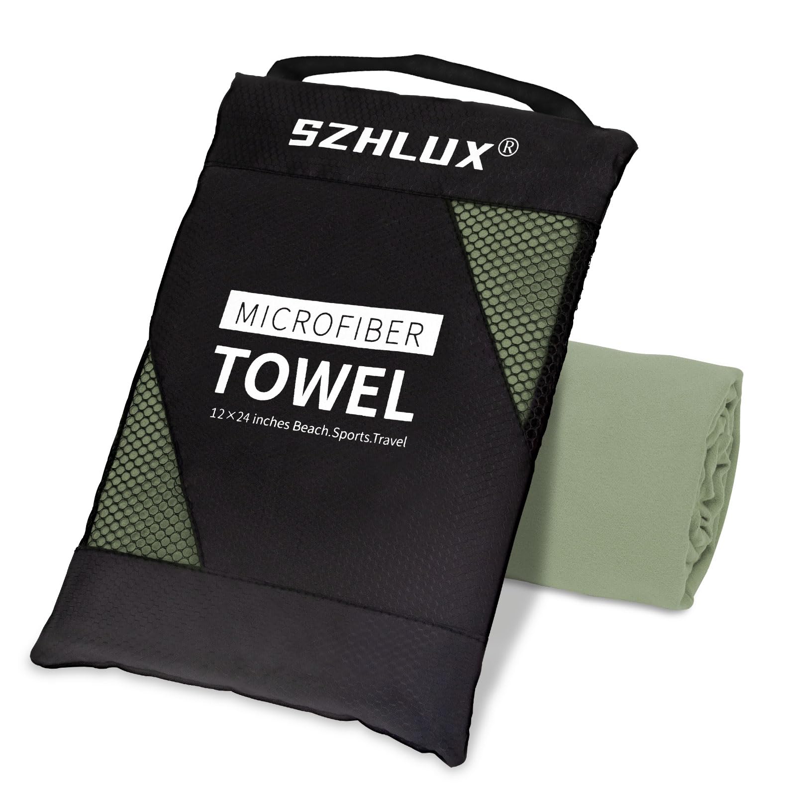 SZHLUX Microfiber Towel, Perfect Quick Dry Travel Sports Camping Towel,Fast Drying Lightweight Ultra Compact for Backpacking,Gym,Beach,Swimming,Yoga(Army Green,XS)
