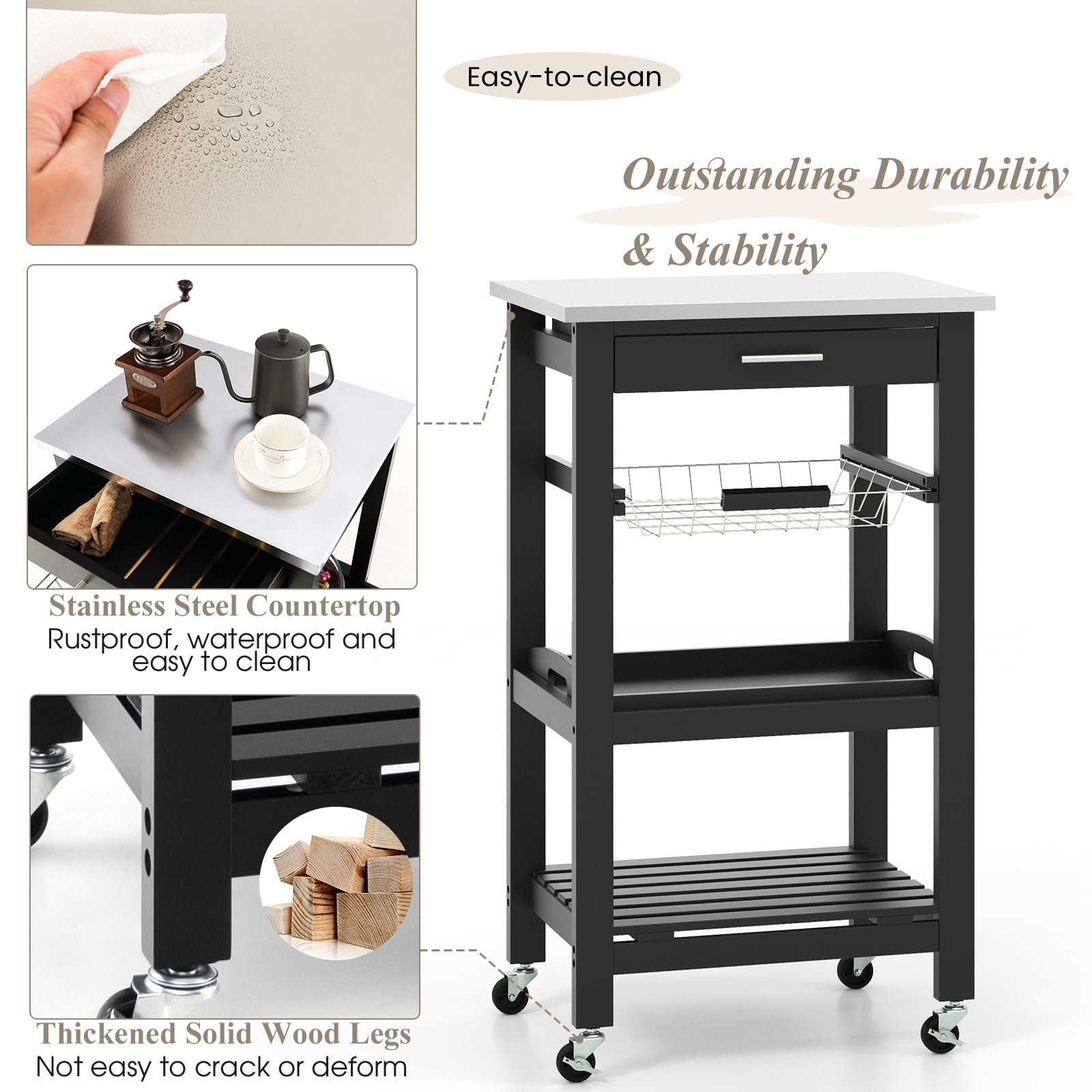 KOMFOTTEU Carrello Cucina con Ruote e Piano di Lavoro in Acciaio Inox, Carrello Portafrutta e Portavivande con Cassetto e Cestello Metallico, Carrellino Portaoggetti per Sala da Pranzo (Nero)