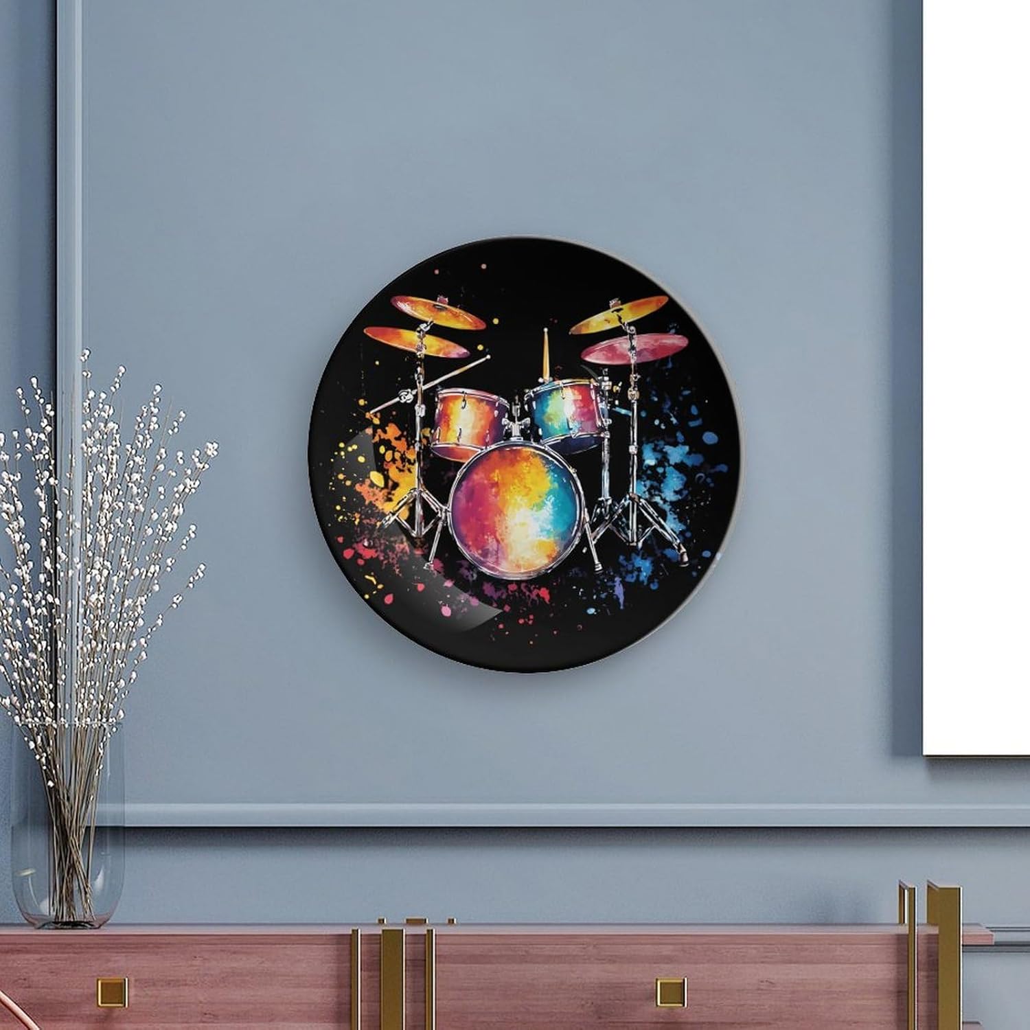 Watercolor Drum Splashes Decorative Plates for Display Ceramic Plate Tray with Stand Hanger Home Decor