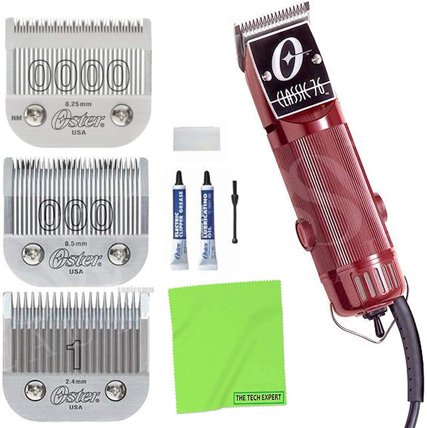 The Tech Expert OSTER Classic 76 Universal Motor Hair Clipper + 3 Detachable Blades, Cleaning Cloth, RED