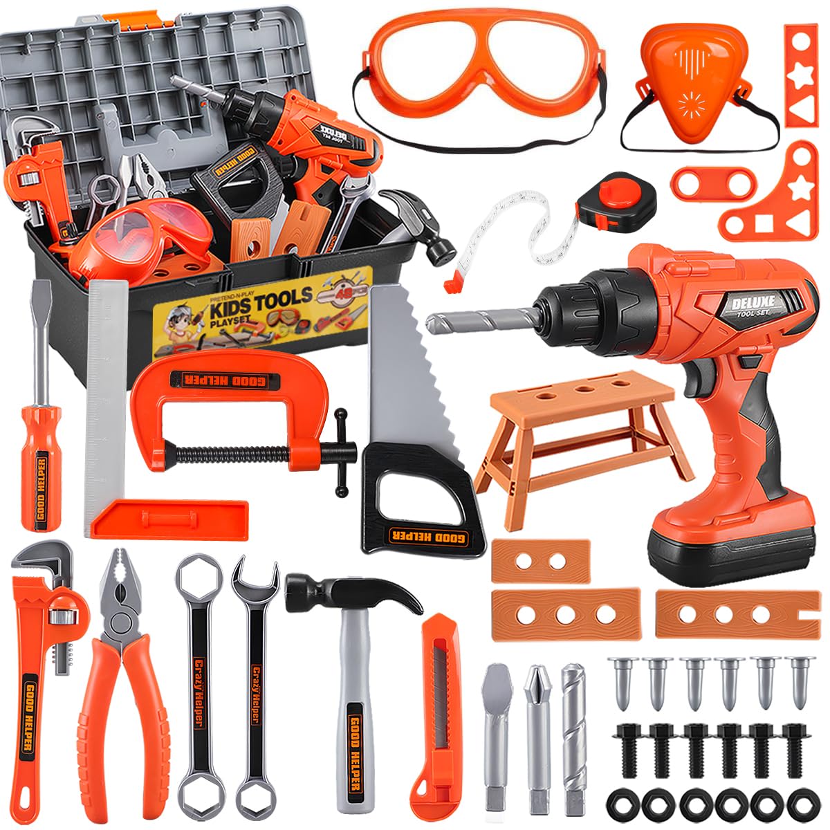 Kids Tool Set β Zealous 48 pcs Toddler Tool Set with Tool Box & Electronic Toy Drill, Pretend Play Kids Toys, Toy Construction Tools for Kids Ages 3,4,5,6,7,8 Years Old (A-Orange)