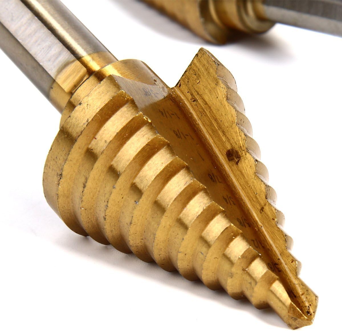 50 Count High-Speed Steel Titanium Coated Step Drill Bits Set - SAE Sizes - Shank 3/16" 1/4" 3/8"