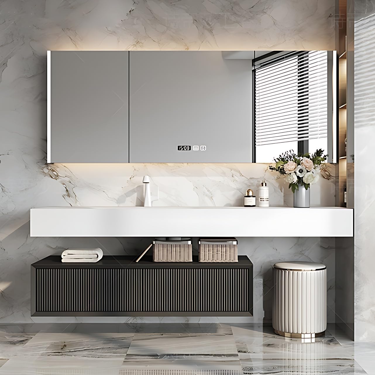 ZGNBSD Bathroom Vanity with Sink - Floating Bathroom Bathroom Vanity with LED Smart Medicine Cabinet & Makeup Space | Multi-Layer Solid Wood (