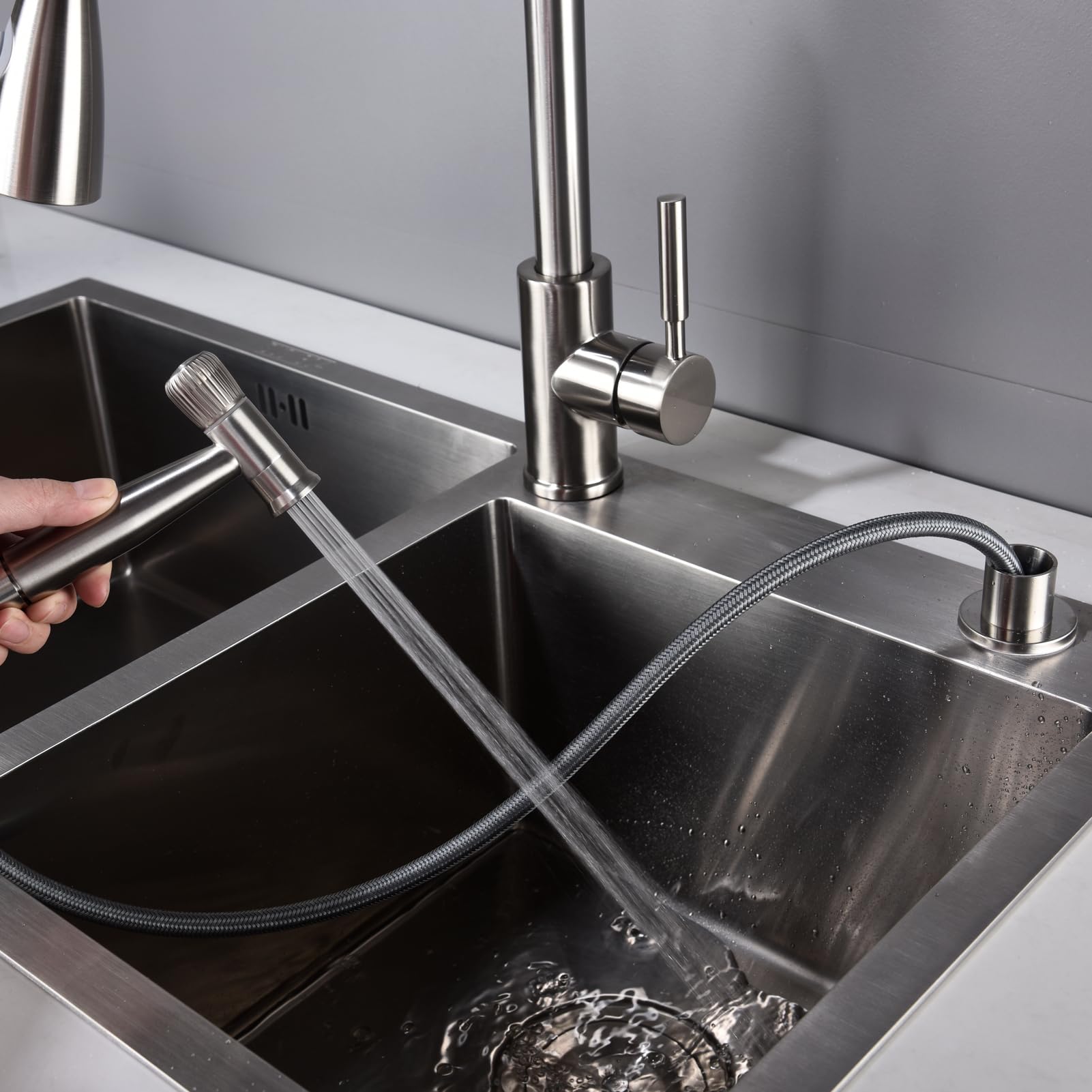 Tecmolog Brausekopf Küchenarmatur Ausziehbar Edelstahl Geschirrbrause Ersatzkopf G1/2 mit herausziehbarer Schlauch, Gebürstetes Nickel, WS030F6
