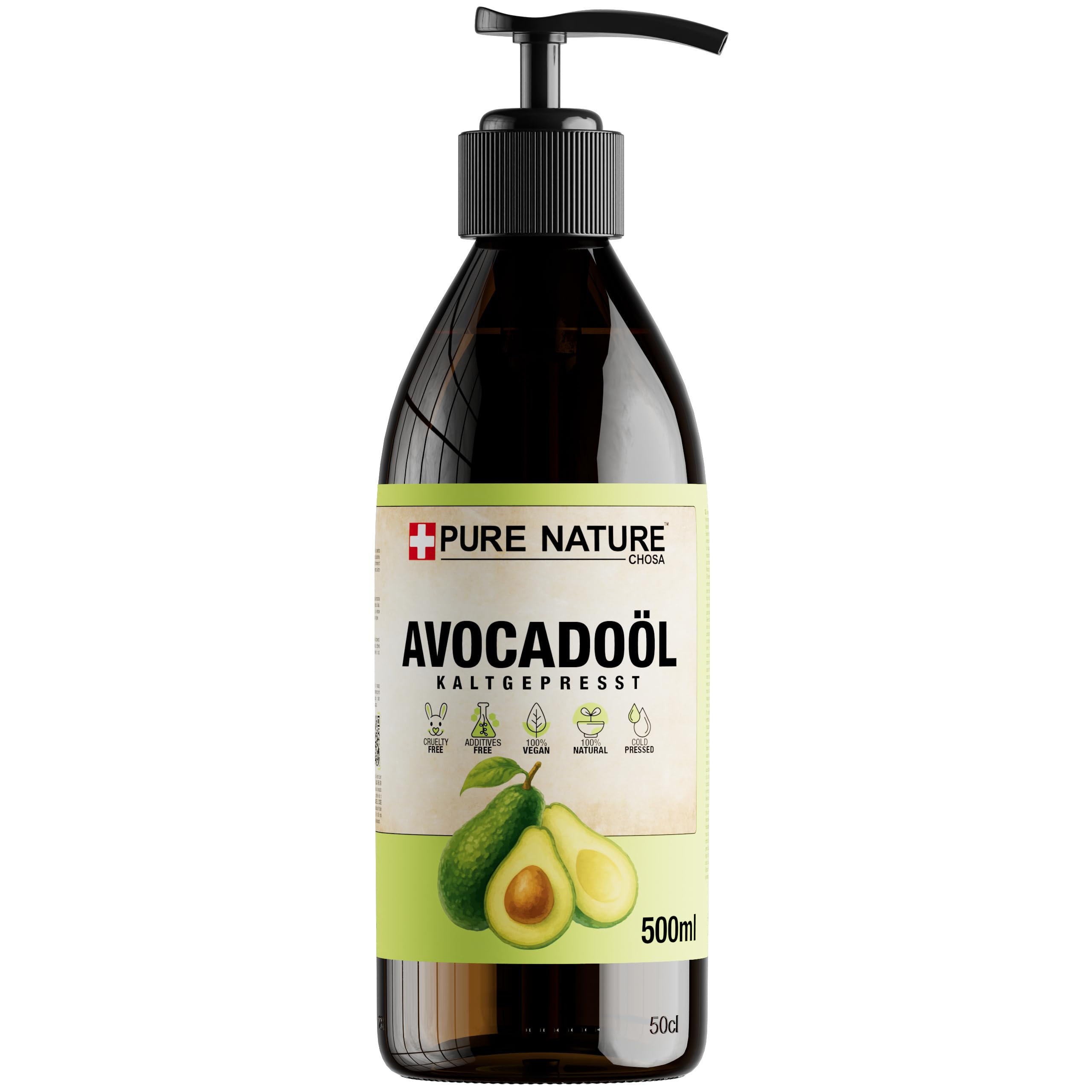 CHOSA Bio Avocadoöl Kaltgepresst Nativ 500 ml + Spender - Avocado Öl 100% Reines ohne Zusatzstoffe - Avocado Oil Für Gesicht, Haare, Körper, Haut, Nägel, Kosmetik - 500ml
