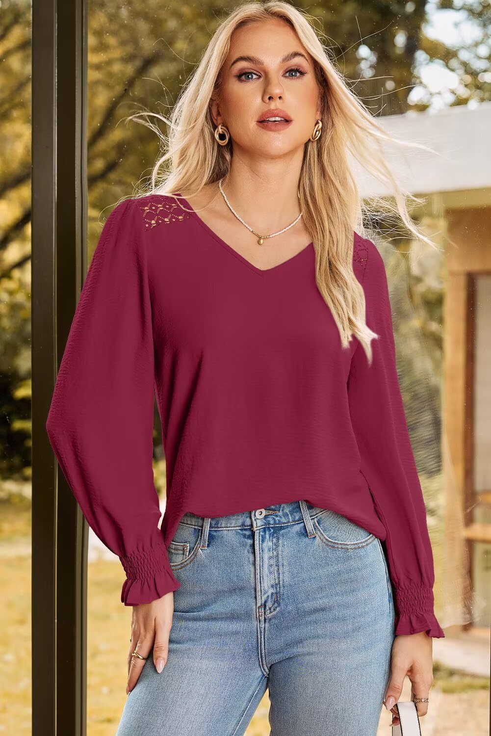 Dokotoo Womens Fall Fashion 2025 Business Casual V Neck Long Sleeve Lace Trim Tops with Smocked Cuffs Loose Blouses - Image 2