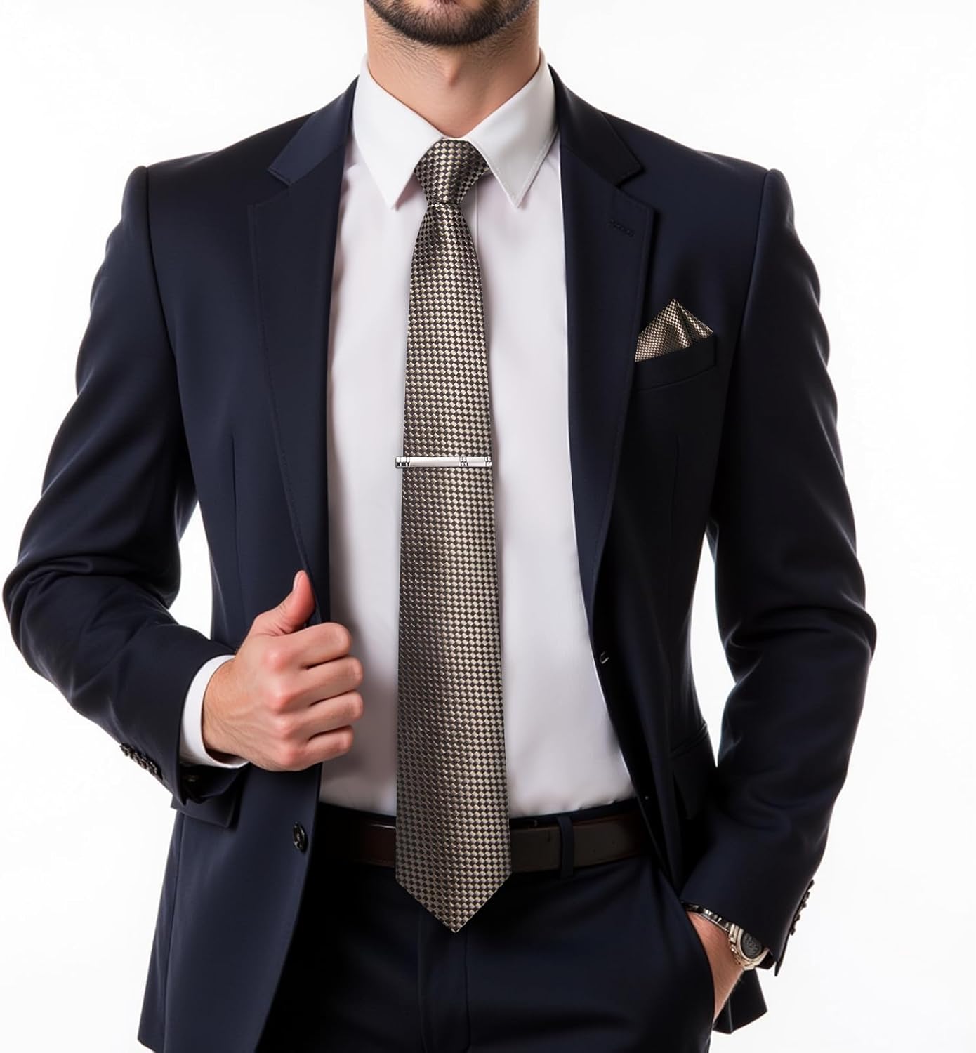 DiBanGu Plaid Ties for Men Silk Checkered Necktie and Pocket Square Cufflinks Tie Clip Set with Gift Box for Wedding Business - Image 2