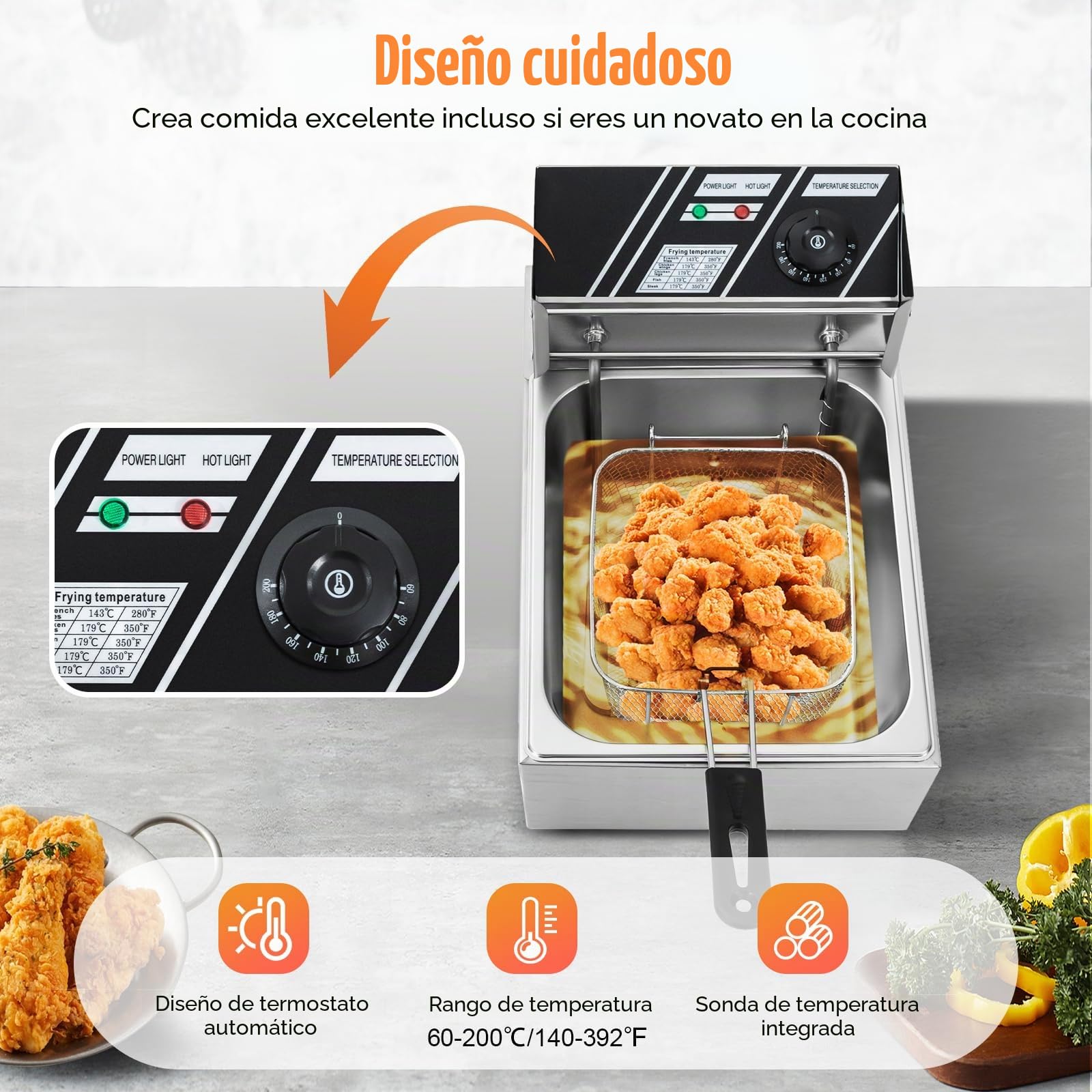 MINRS Freidora de aceite de 6 L con cesta y tapa, freidora de acero inoxidable, freidora de zonas frías, fácil limpieza temperatura regulable 60-200 ℃ 2500 W freidoras comerciales para uso en