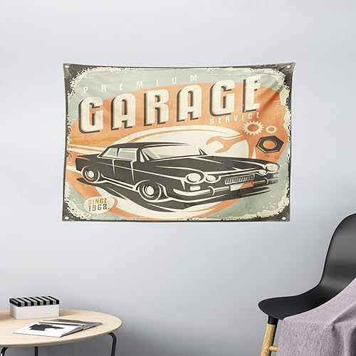 Ambesonne Man Cave Tapestry, Promotional Retro Design Auto Mechanic Car Service Style Concept Nostalgic Vehicle, Wide Wall Hanging for Bedroom