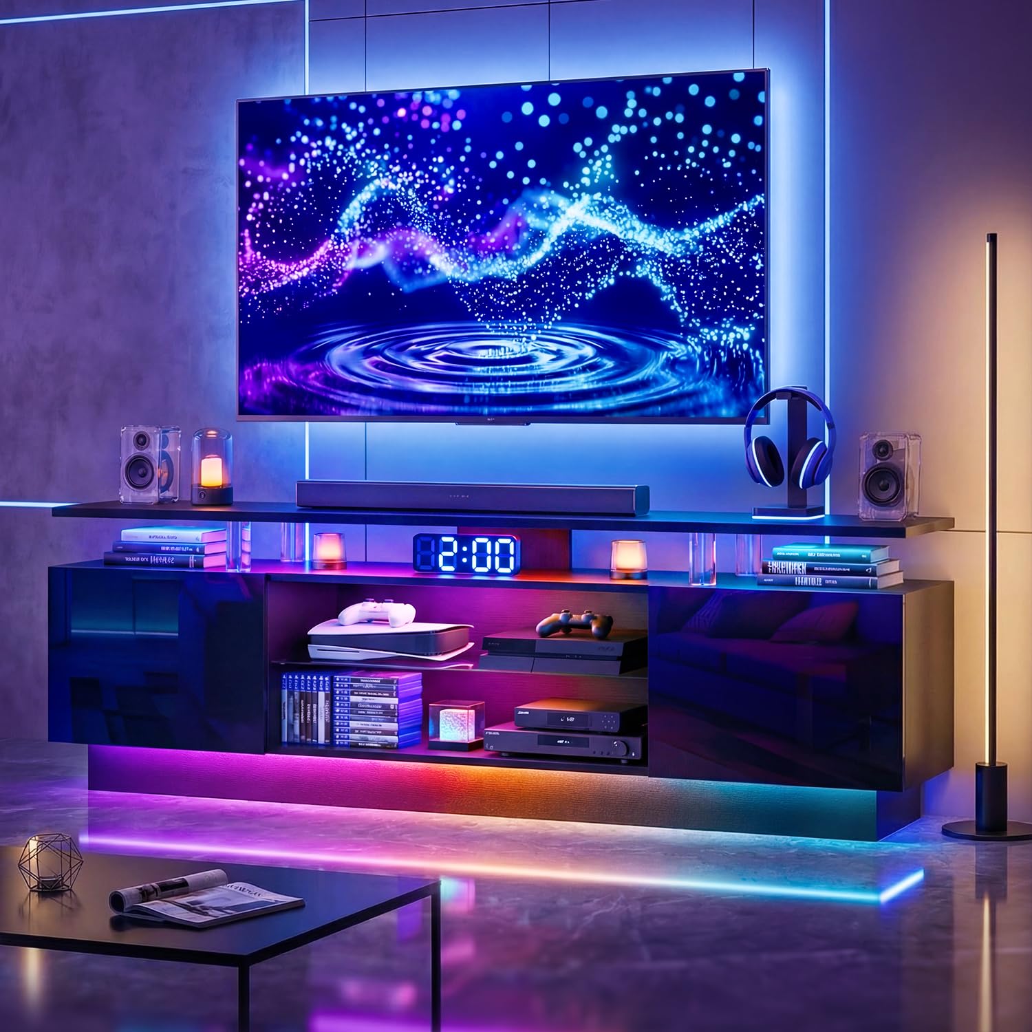 Nordivale 70โ High-Glossy TV Stand with 2 Side Cabinets, Modern Stylish TV Console with 3 Layer LED Lights,Gaming TV Media Console with Adjustable Glass Shelf, Remote&APP Control, Black