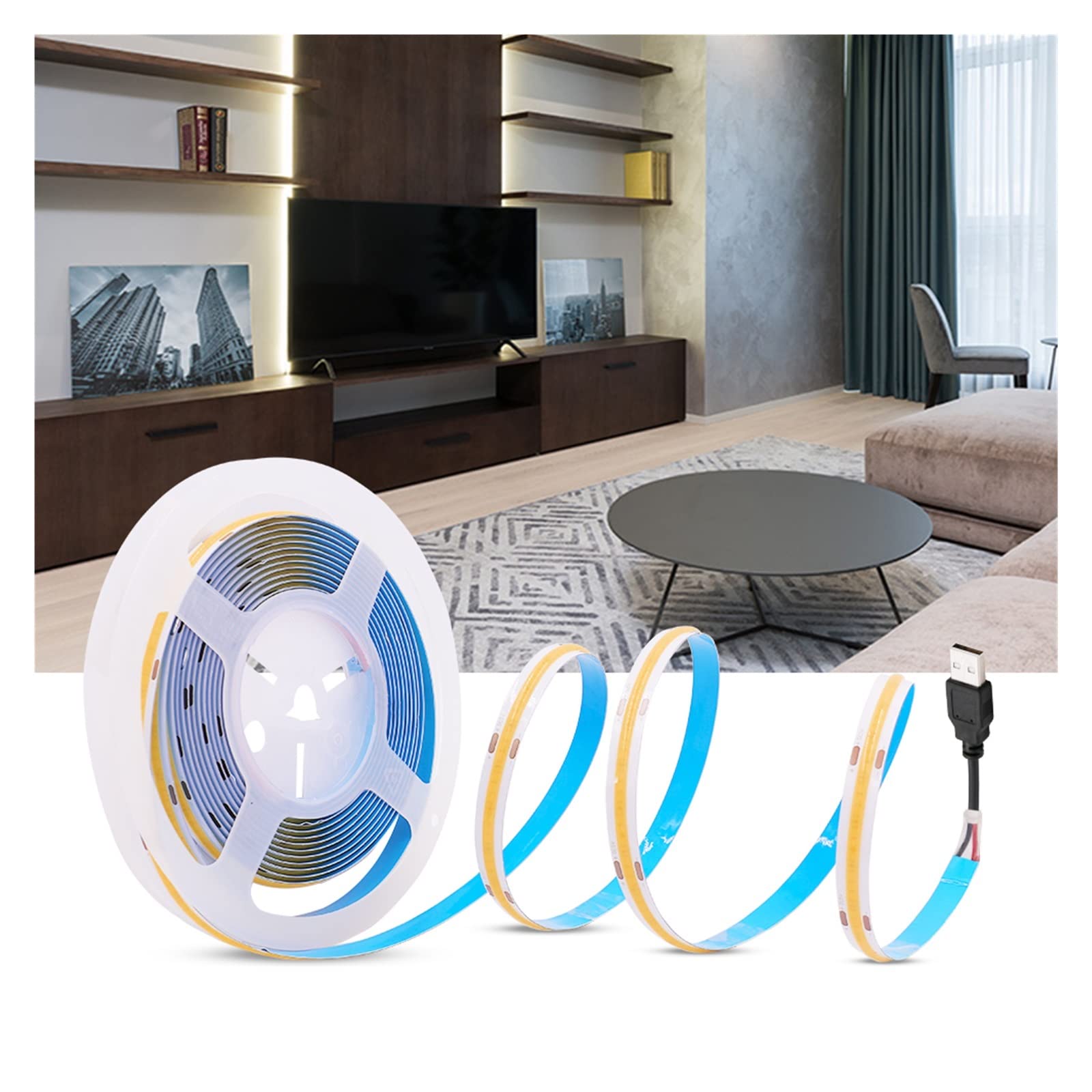 Taśma LED COB 5V Zasilana baterią USB 320LED/m Gęstość Liniowe Linghting Elastyczne taśmy Białe DC5V (Kolor: Zimna biel, Rozmiar: Remote_5M)