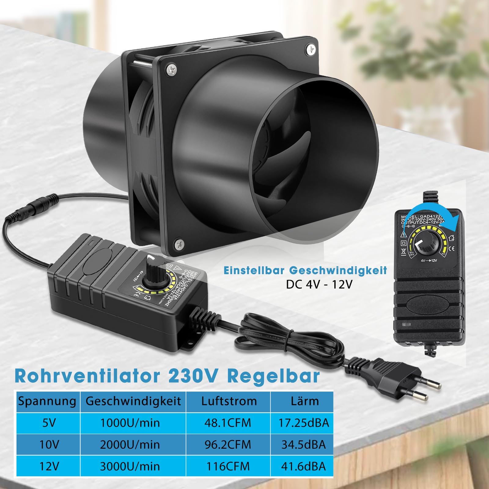 GDSTIME Rohrventilator 100mm 12V Abluftventilator 100mm Regelbar Rohrlüfter 3000U/MIN Kanalventilator mit DC 4V -12V Geschwindigkeit Kontrolle für 3D-Laser Growzelt Garage Gewächshaus
