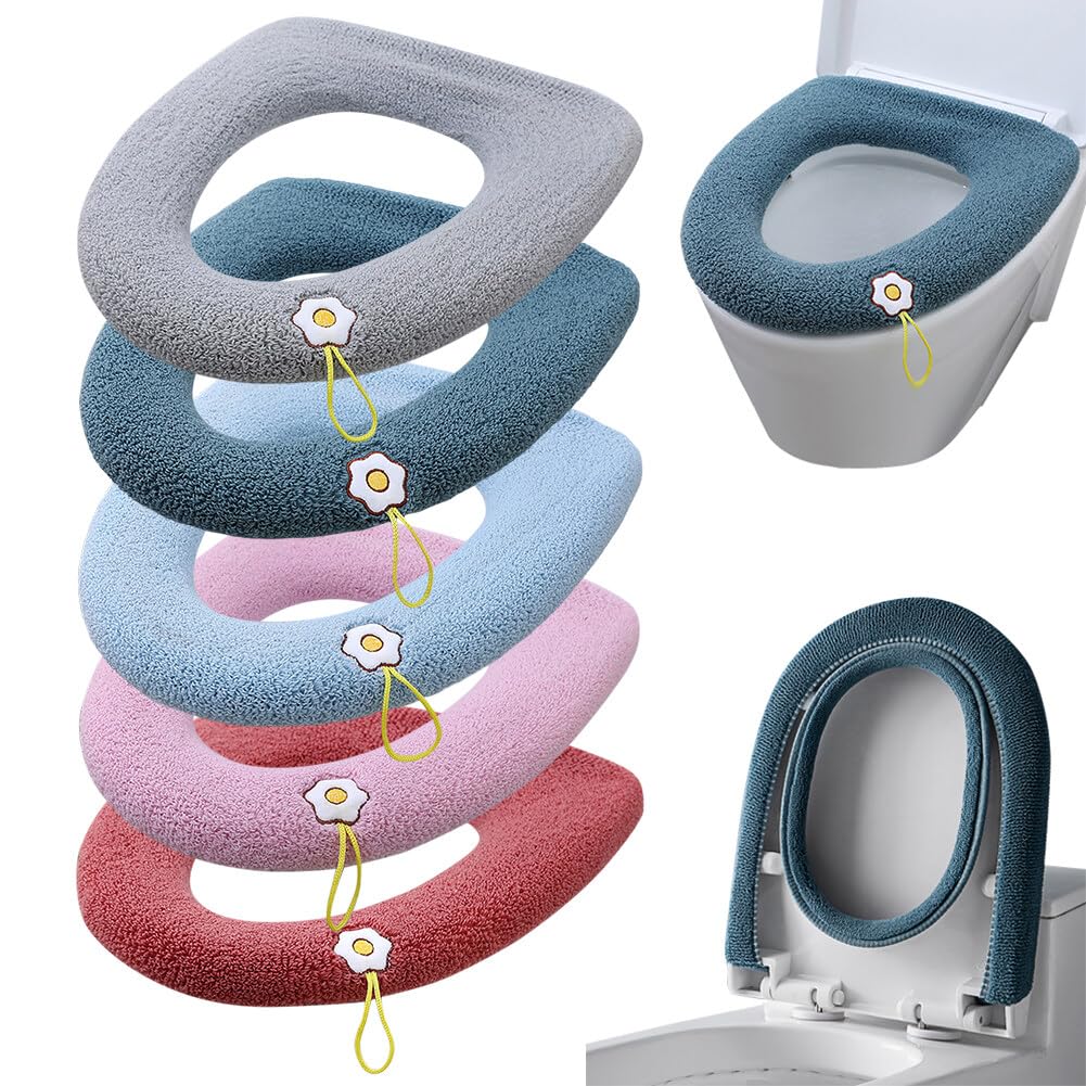 Toilet Seat Cover Pads, 5PCS Universal Washable Portable Bathroom Soft Plush Warm Toilet Seat Cushion Cover with Handle for Home, Bathroom