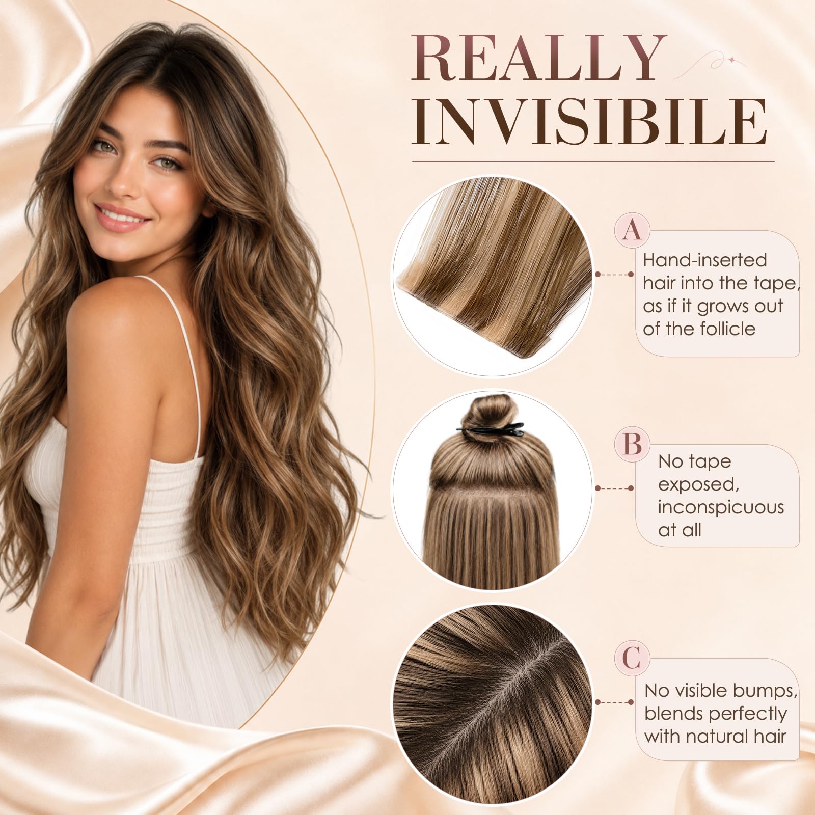 Elailite Extensiones Adhesivas Pelo Natural 10 Mechas Cabello Cosido Invisible 100% Humano 50cm 25g #4P27 Marrón Medio Mecha Rubio Oscuro