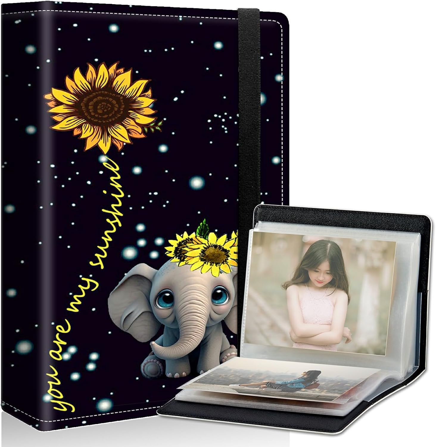 Elephant Sunflower Small Photo Album 4x6 inch PU Leather Cover Photo Albums with Elastic Band 120 Photos Inner Transparent Pockets Design for Family Anniversary Wedding Baby Pets