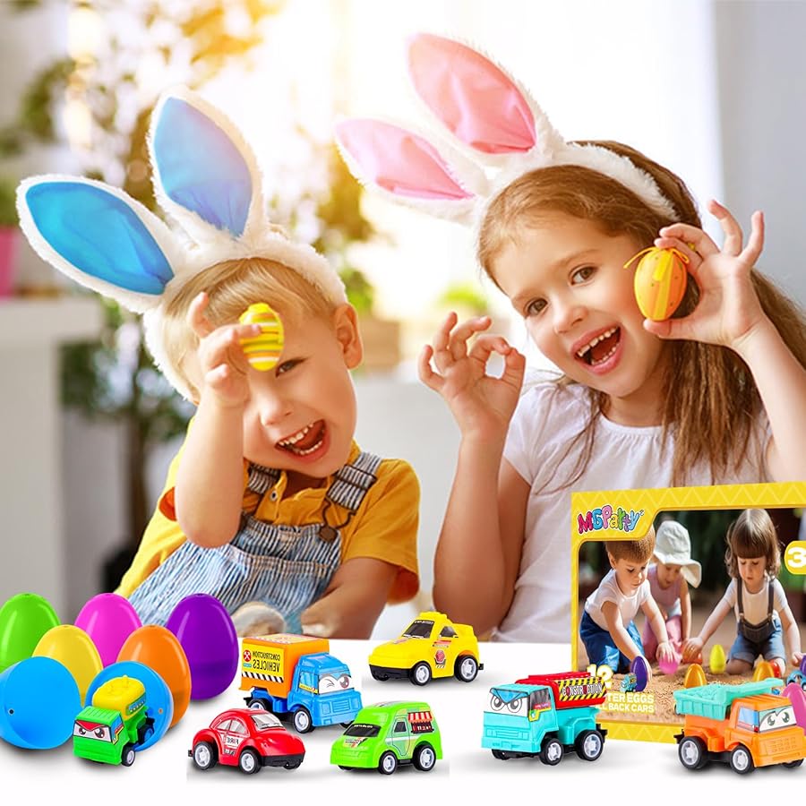 MGparty 12 Pack Prefilled Easter Eggs with Car Toys for Kids Toddlers Bulk Plastic Eggs Pull Back City Truck Vehicles Easter Goodie Bags Stuffers for Toddlers Boys Girls - image 7