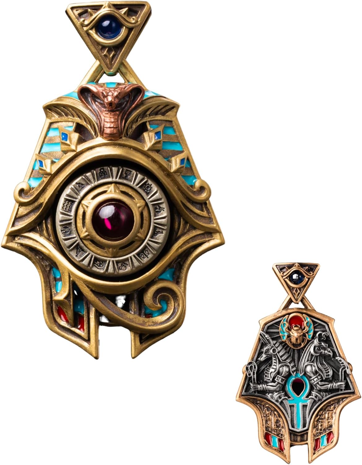 COPPERTIST.WU Eye of Horus Spinner Pendant Necklace — Rotating Egyptian Amulet with Gemstone Inlay Talisman Jewelry, Brass&White Bronze& Copper