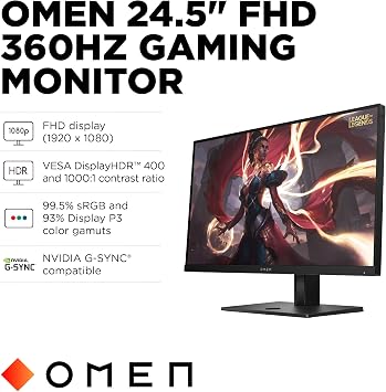 HP OMEN 24.5 inch FHD 360Hz Gaming Monitor, FHD Display (1920 x 1080), IPS Panel Technology, VESA DisplayHDR 400, 1ms GtG (with Overdrive), NVIDIA G-SYNC Compatible, Black, OMEN 25 (2025)