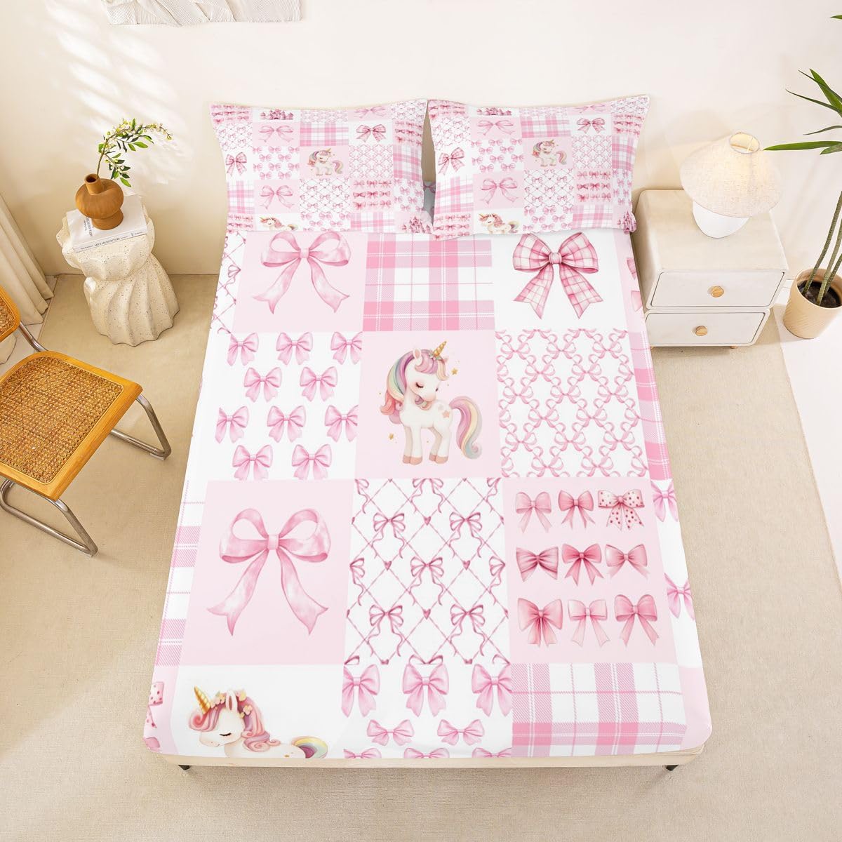 Feelyou Girls Pink Bow Bed Sheets Set Queen Size Castle Princess Bed Set for Kids Boys Girls Girls Cute Unicorn Deep Pocket Fitted Sheet Kawaii Cute Breathable Soft Lightweight Coquette Aesthetic