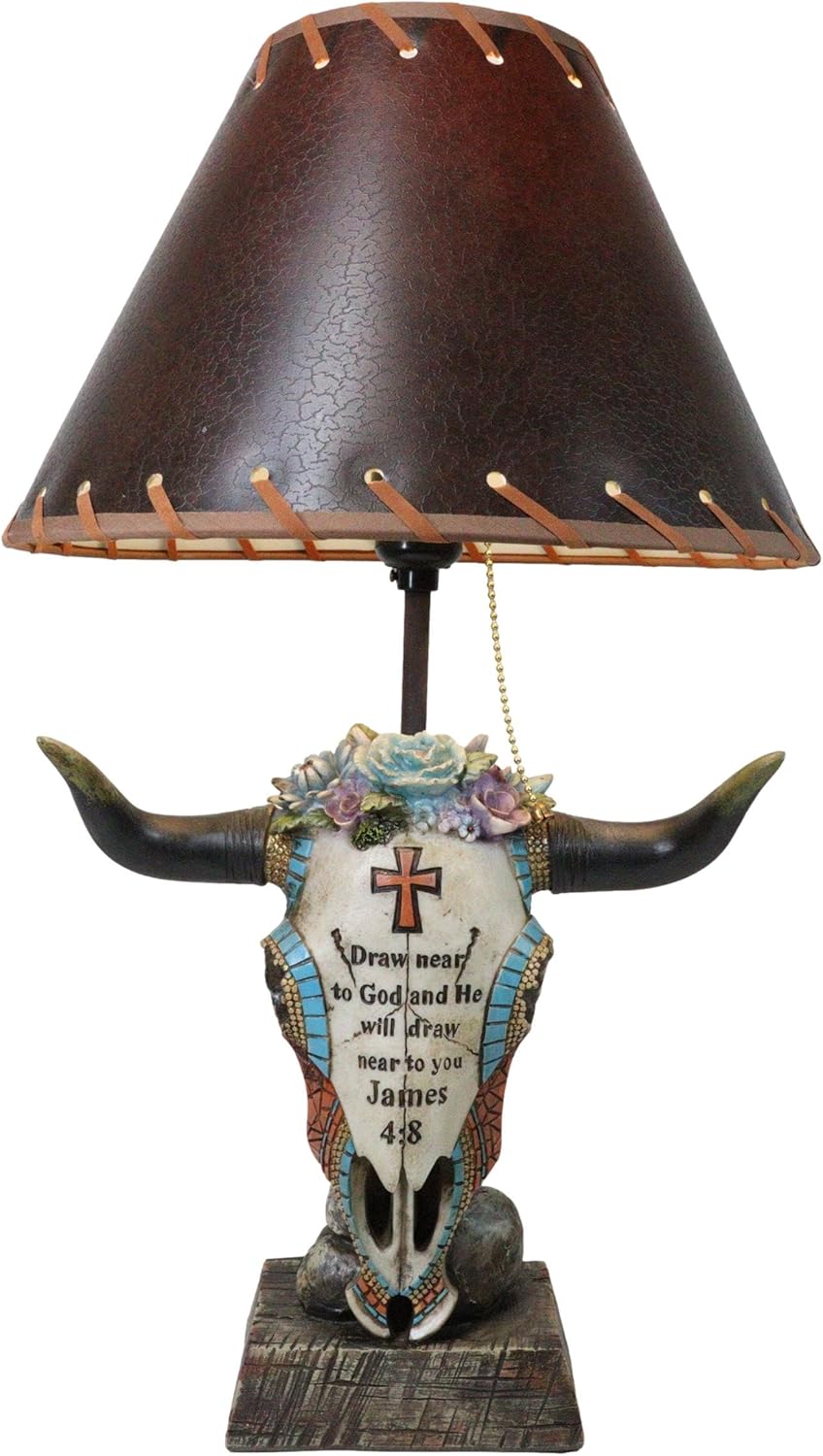 Ebros Gift Country Western Southwestern Cow Skull with Floral Succulents and Holy Scriptures James 4:8 Desktop Table Lamp Figurine Rustic Wildlife Bisons Bulls Lighting Accent