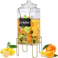 FUREEY 2 Gallon Drink Dispenser with Gold Stand, Glass Lid & Leak-Proof Stainless Steel Spigot - Perfect for Parties, Lemonade, Juice, Tea