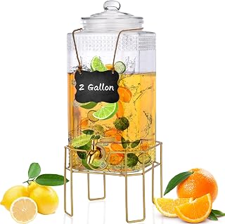 FUREEY 2 Gallon Drink Dispenser with Gold Stand, Glass Lid & Leak-Proof Stainless Steel Spigot - Perfect for Parties, Lemonade, Juice, Tea
