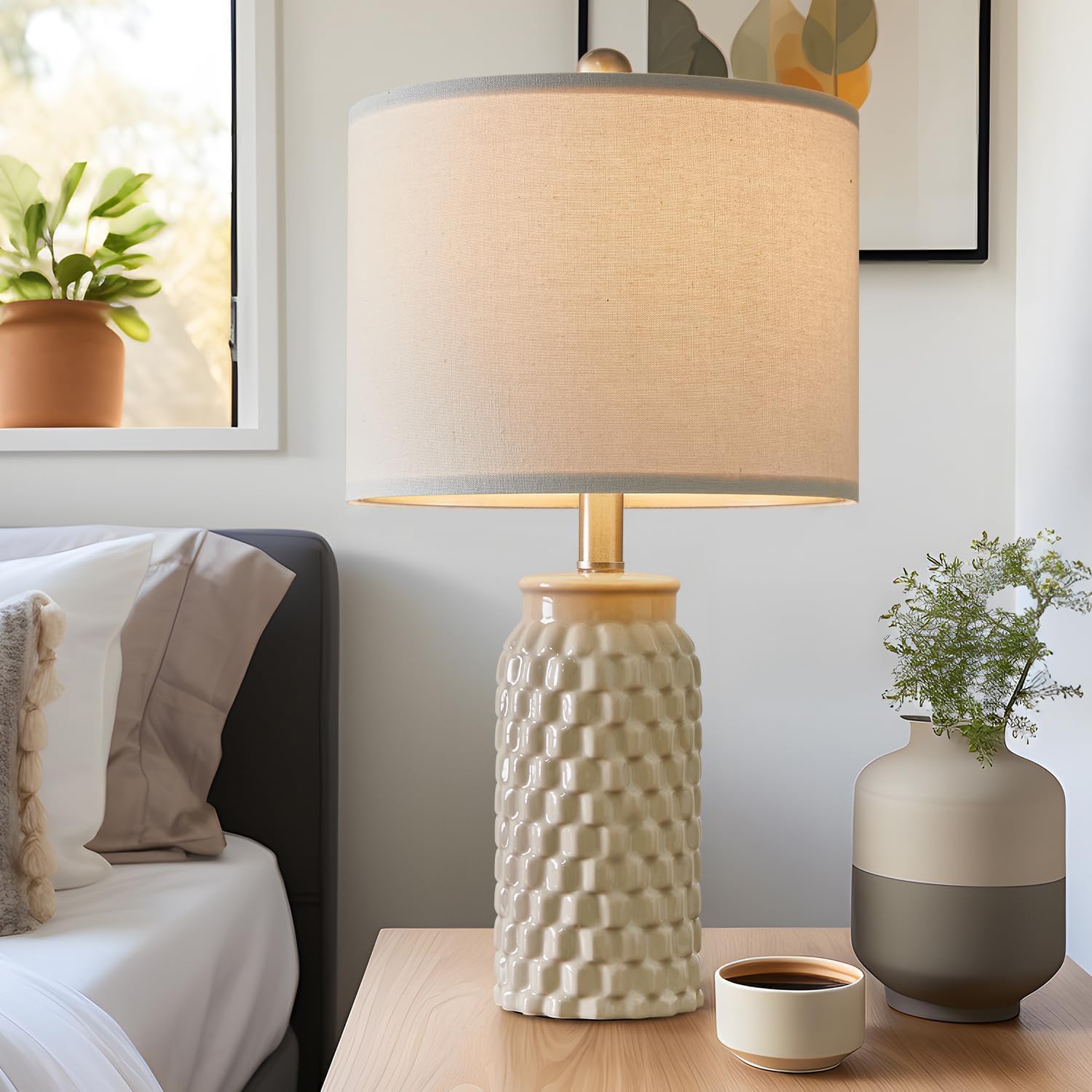 20.5" Ceramic Table Lamps Set of 2 - Modern Farmhouse & Boho Style, Bedside Nightstand Lamps for Bedroom, Living Room End Table Lamps, Small Desk Lamp(Cream)