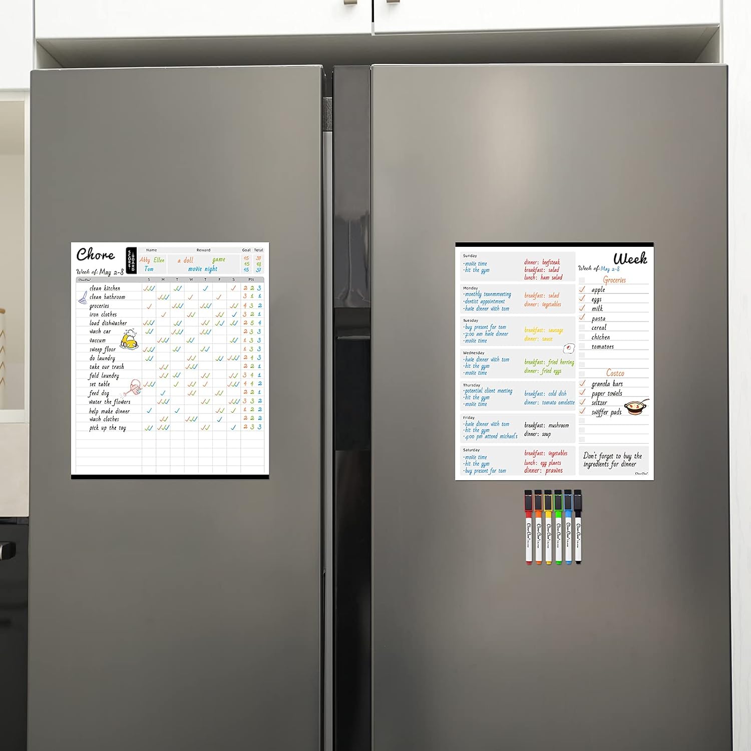 Magnetic Dry Erase Reward Chore Chart - 10"x12" Weekly Planner for Fridge - 6 Extra Fine Point Markers Included - Combo Set Shipped Flat : Office Products
