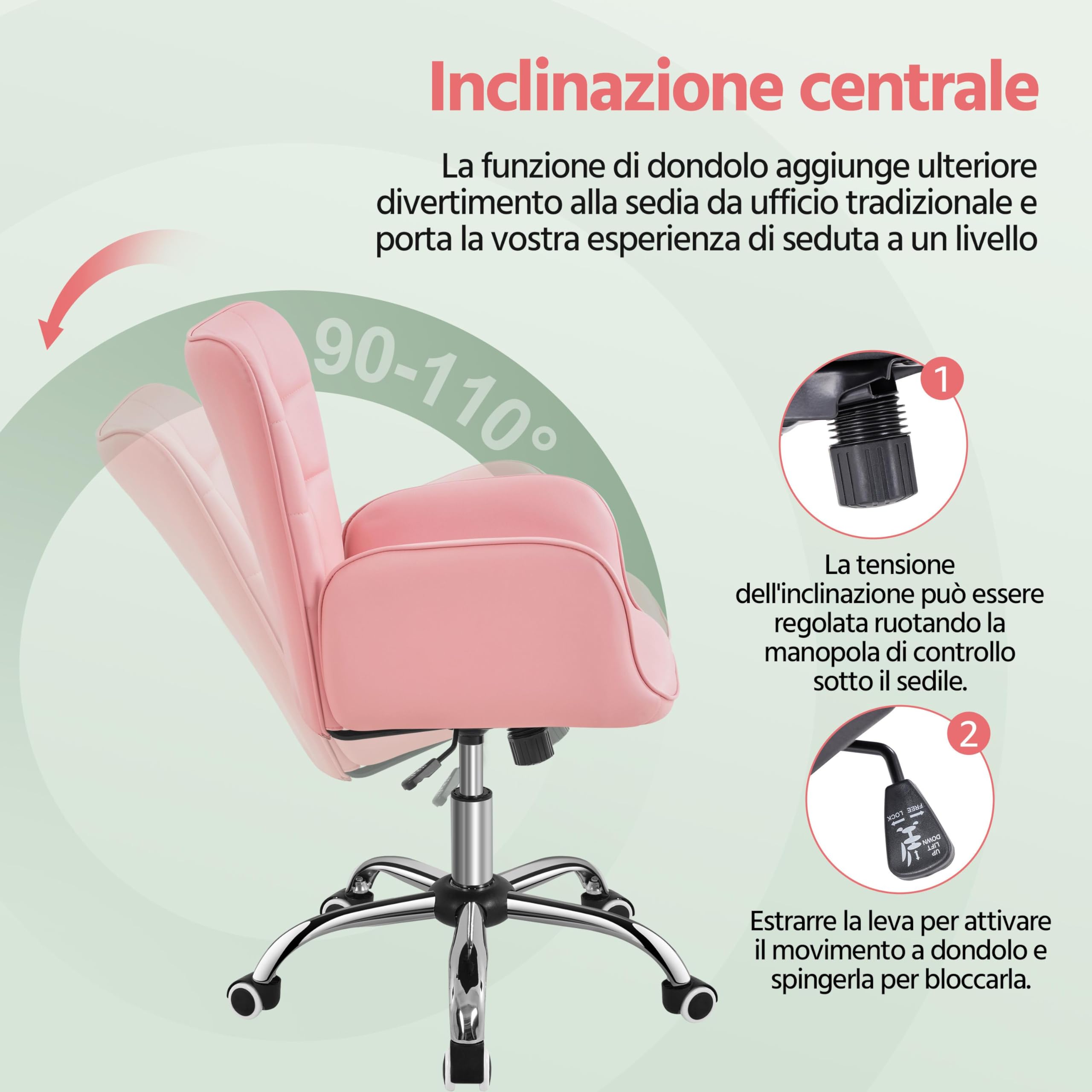 Yaheetech Sedia/Poltroncina da Ufficio Scrivania a Rotelle Girevole Imbottita in Similpelle Reclinabile Ergonomica Altezza Regolabile Rosa
