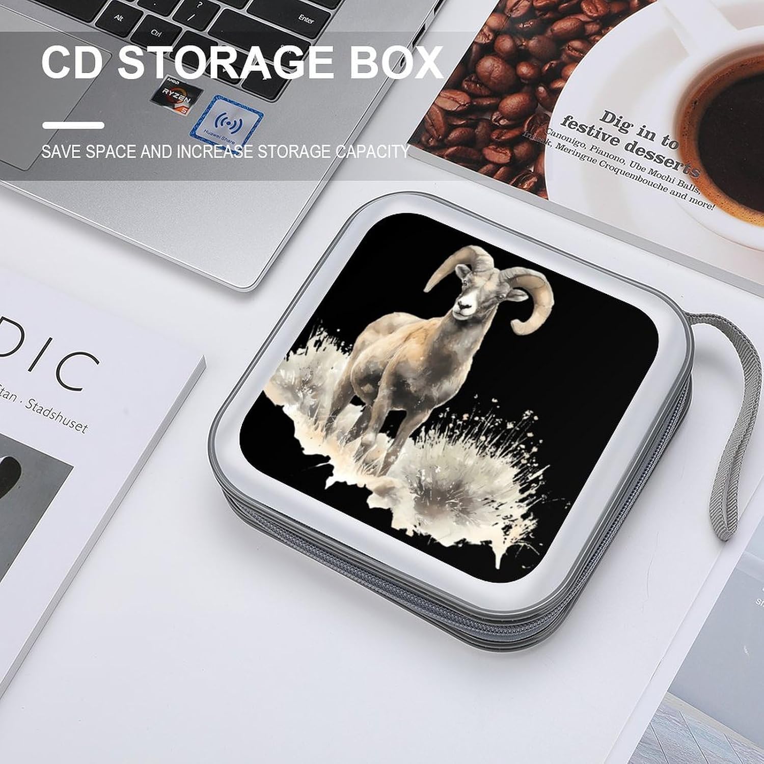 Watercolor Argali Sheep Protective CD Case Storage Rack 40 Capacity DVD Holder Organizer Car Travel