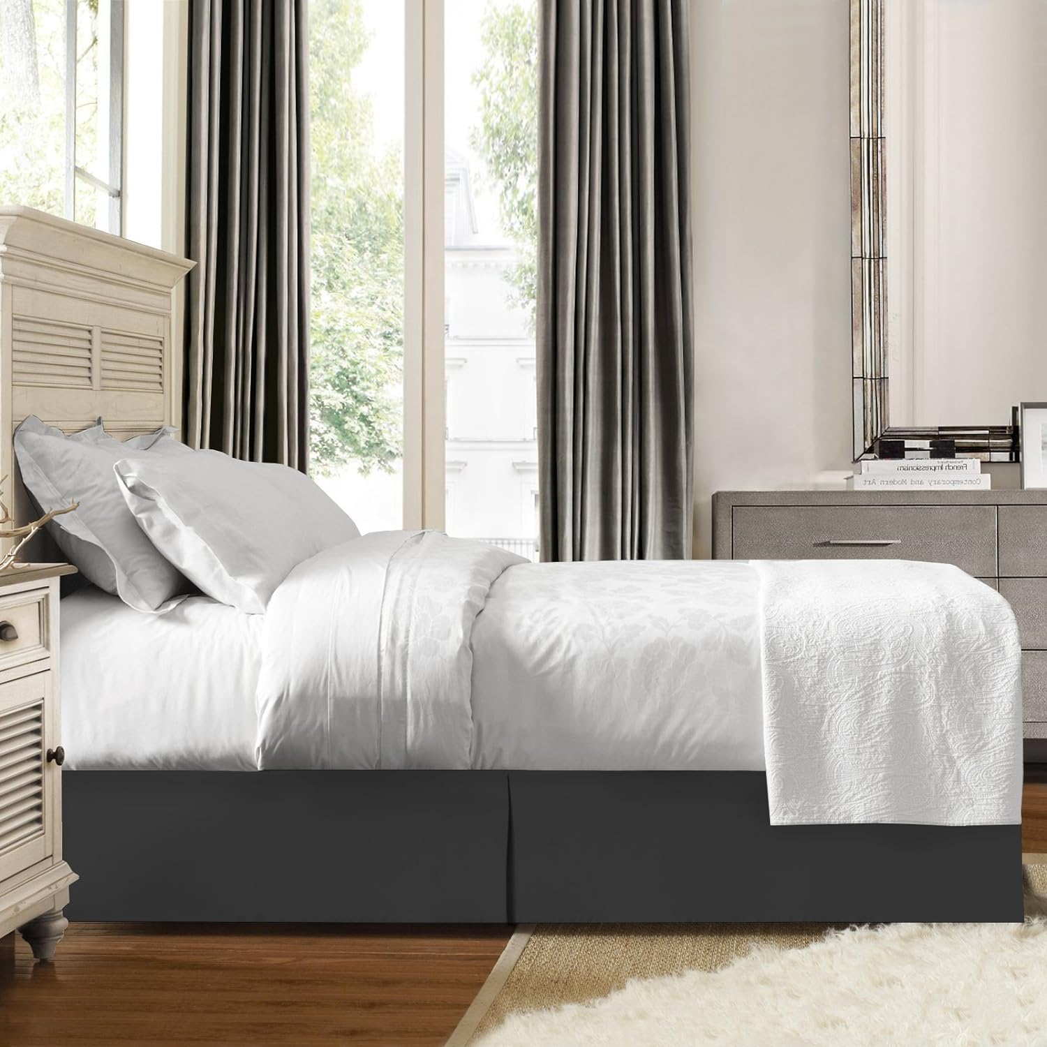 Texonicc Split Corner Bed Skirt 13 Inch Drop King Size 100% Egyptian Cotton Wrinkle and Fade Resistant Long Staple Premium 600 Thread Count Dark Grey Solid