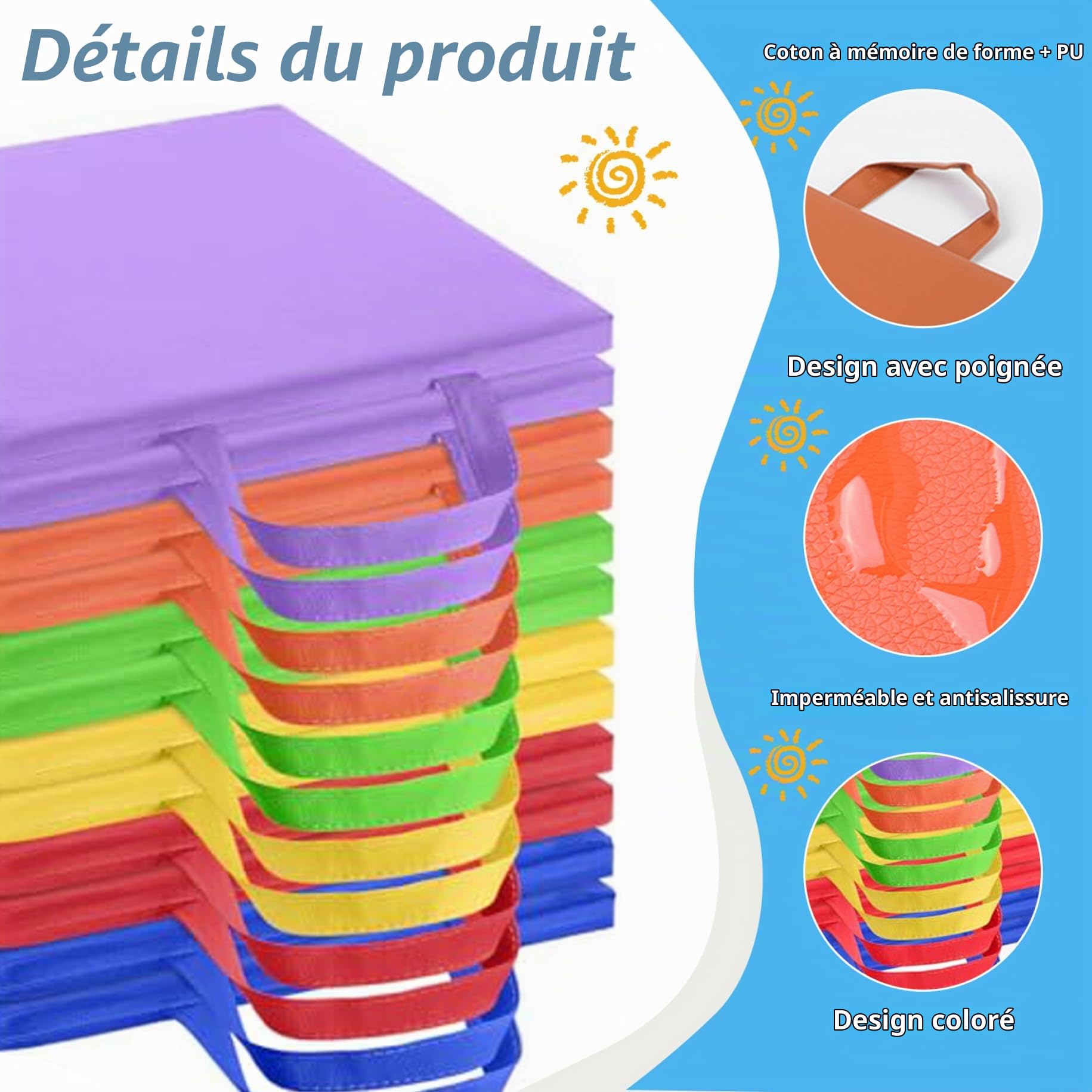 Coussins de sol pour salle de classe, 12pcs de 12 pcs de siège flexible imperméable avec poignée, siège au sol rectangulaire de 6 couleurs, coussins de plancher pour enfants, garderie, école maternel