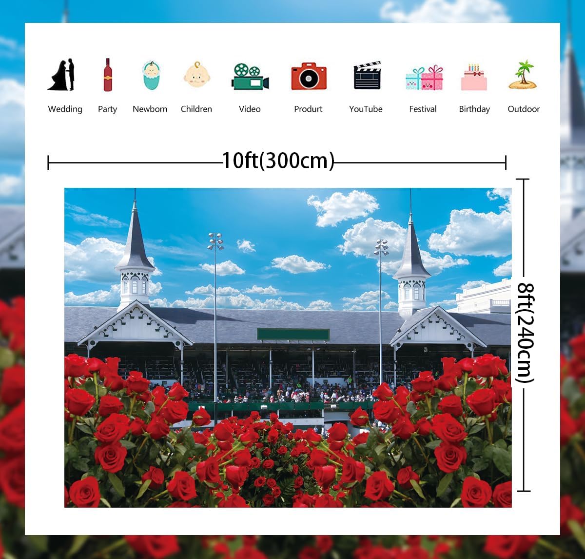 Rose Garden Racecourse Photography Background Run for The Roses Banner for Horse Racing Themed Celebratory Party Decorations Supplies (120x96 inch (10x8FT))