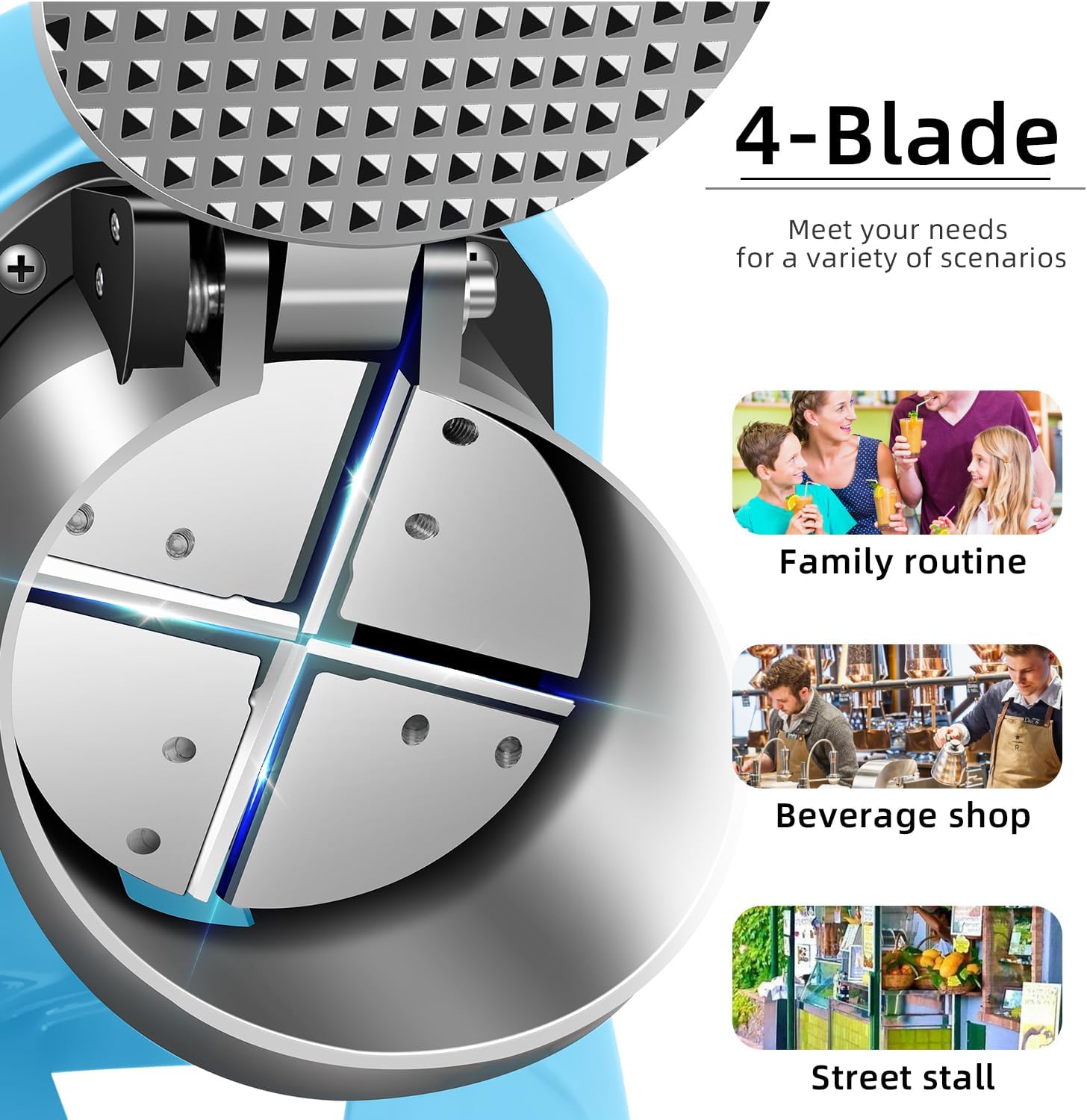 4-blades Ice Shaver, Electric Shaved Ice Machine，Ice Shaver Machine,200lbs/hr ice crusher with Ice Pick for Home and Commercial Use（Blue）