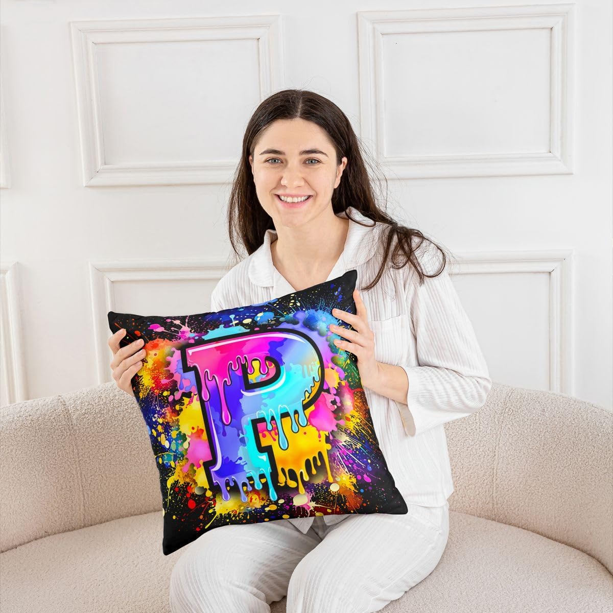 Homewish Graffiti Art Throw Pillow Covers (Pack of 2),Letter P Colorful Dot Cushion Cover for Kids Girls Teens Abstract Style Pillow Cases Watercolor Living Room Sofa Bed Decor,18" Lx18 W image 3