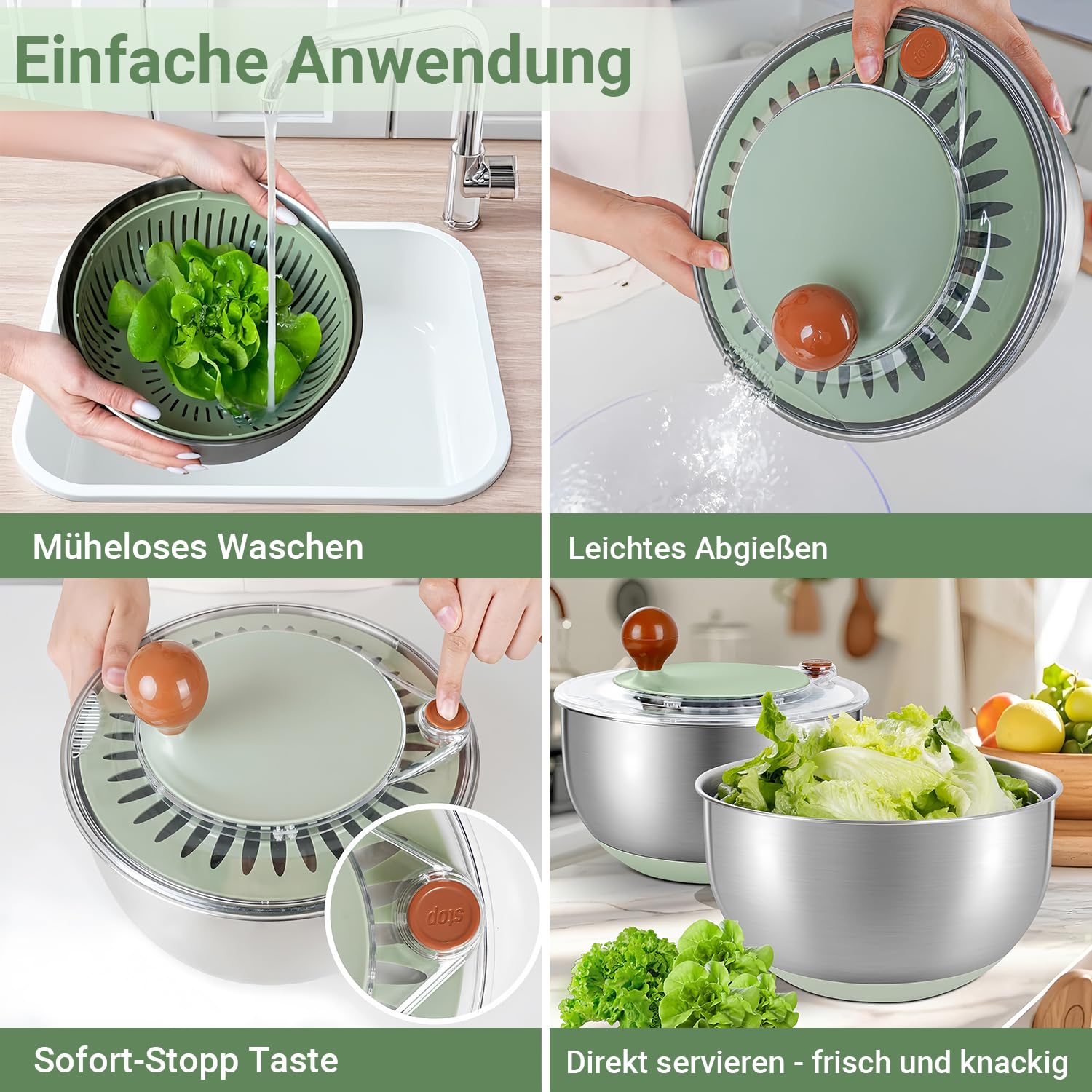 Salatschleuder Edelstahl 5L – Groß mit Kurbelantrieb, rutschfestem Boden & Ausgussfunktion – Spülmaschinenfest, BPA-frei – Salatschleuder Groß für Familien & Gemüse
