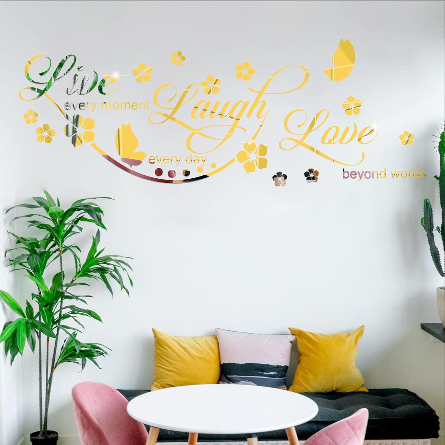 DIY Mirror Flower Butterfly Wall Sticker Live Love Laugh Quotes Wall Decal, LASZOLA 3D Butterflies Peach Blossom Home Nursery Decor Art Murals Paper Decoration for Living Room Bathroom (Gold) : Tools & Home Improvement