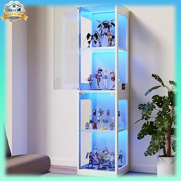 WYNDHAM Glass Case, Showcase 7 Colors LED Lighting, 0.2 inch 5 mm Explosion-proof Tempered Glass, E0 Grade MPF High Density Plate, Touch Sensor Key, 4 Tier Construction, Width 15.7 x Depth 13.8 x