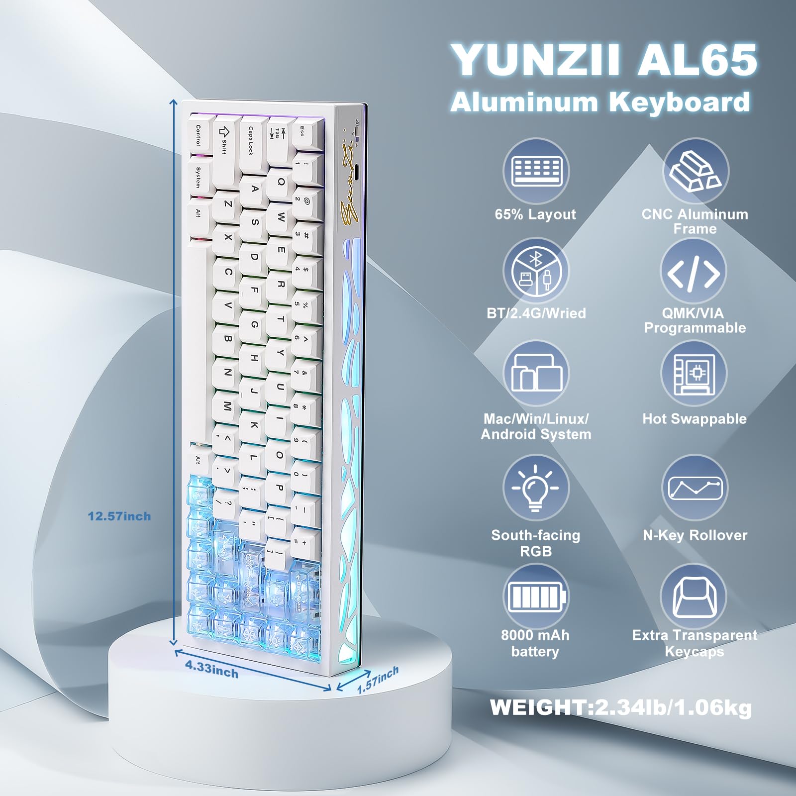 YUNZII Teclado Mecânico Sem Fio Al65, Cnc Totalmente Em Alumínio