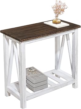 Farmhouse End Table, Rustic Narrow Side Table with Storage Shelf
