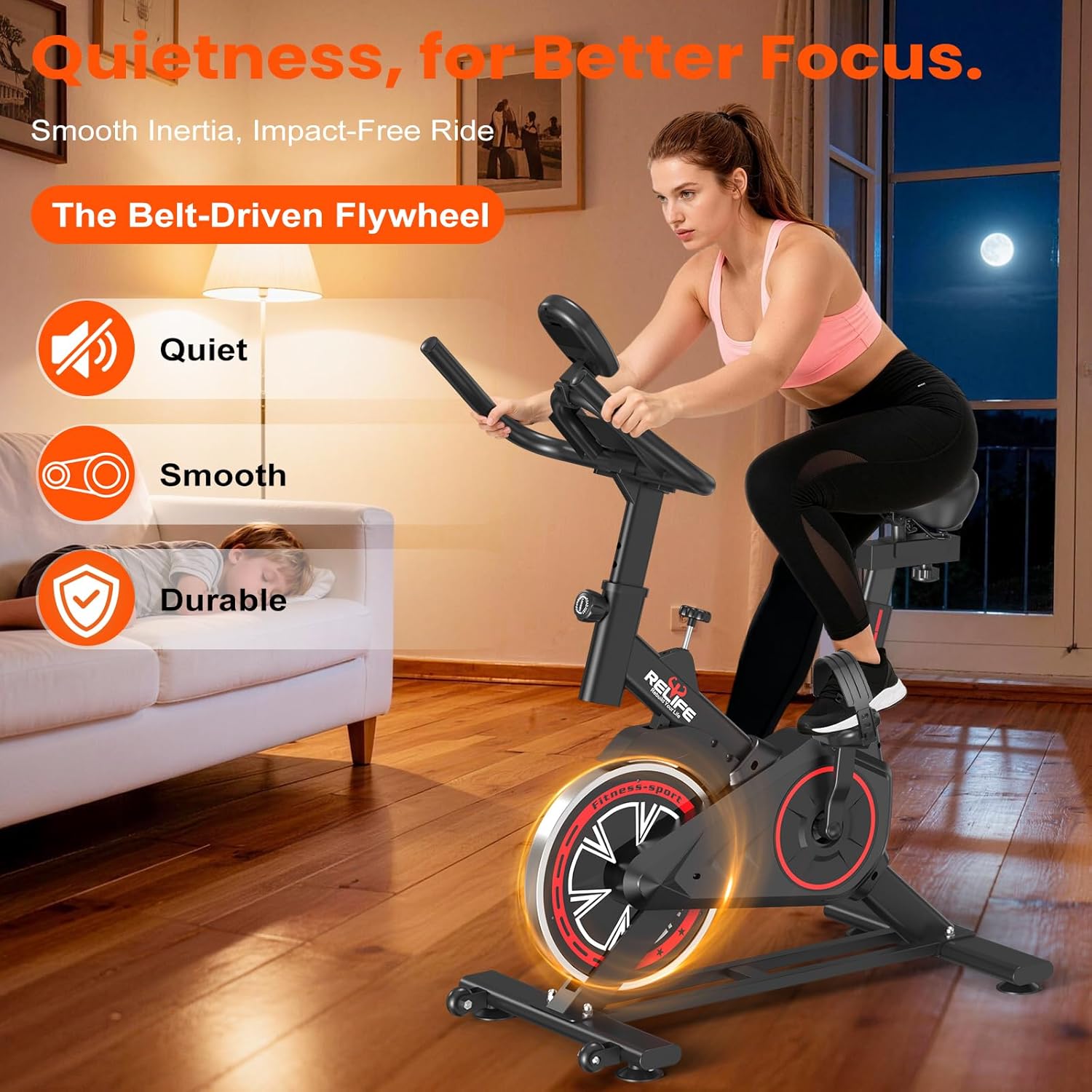 RELIFE REBUILD YOUR LIFE Exercise Bike Stationary for Home Indoor,Cycling Bike with Silent Belt Drive for Home Cardio,Brake Pad Resistance with djustable & Comfort Seat/PAD Holder/LCD Monitor.