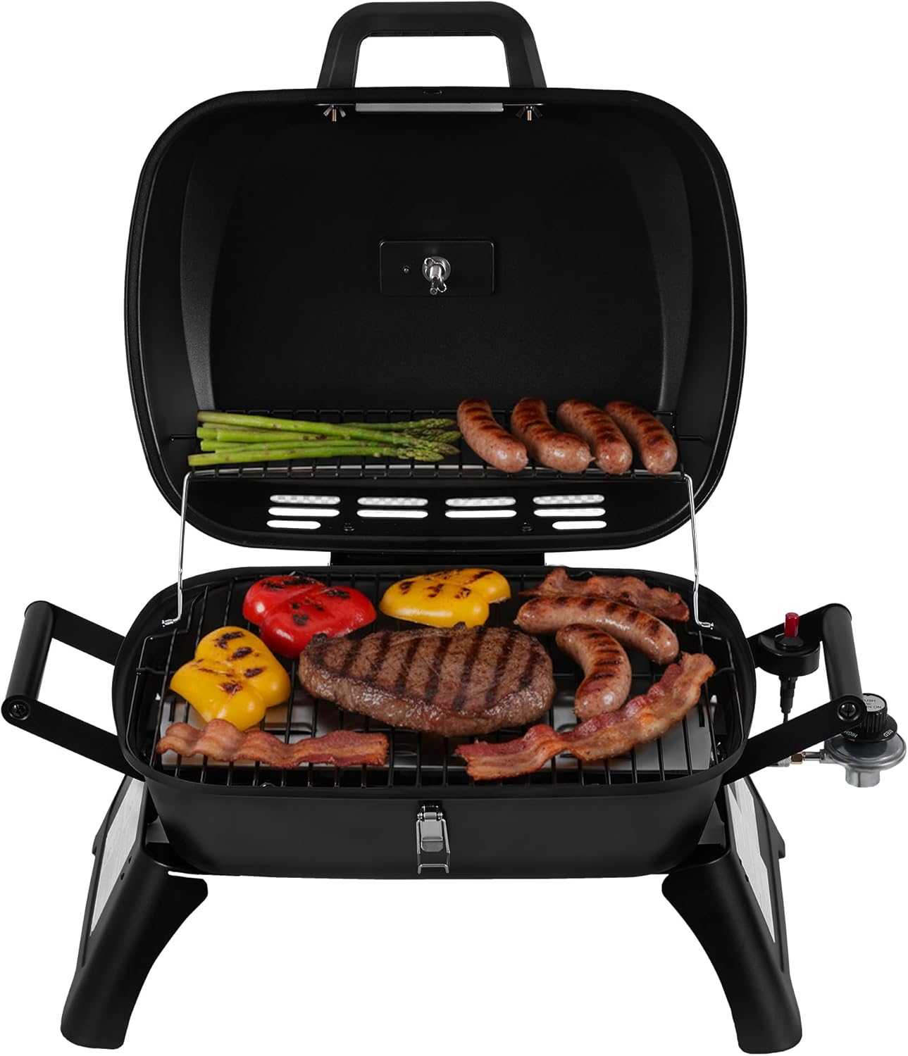 GT2007 Portable Tabletop Gas Grill, 12,000 BTU Output for Outdoor Camping, Foldable Legs, Piezo Ignition, Built-in Thermometer, for Tailgates and Camping Trips, Black