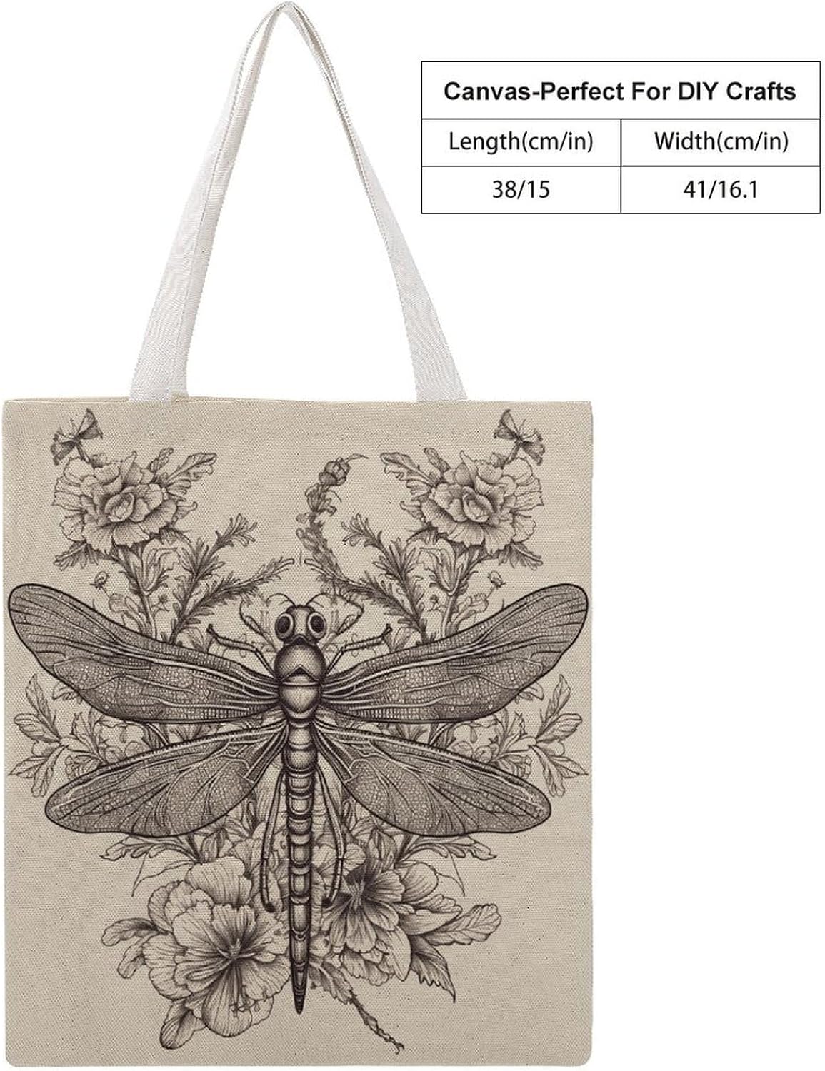 Canvas Tote Bag 16x15 In Lightweight Foldable Shoulder Hobo Purse | Floral Dragonfly, Casual Tote with 10" Strap, Everyday Carryall, for Travel Work Grocery Shopping Beach Mark Gym Yoga
